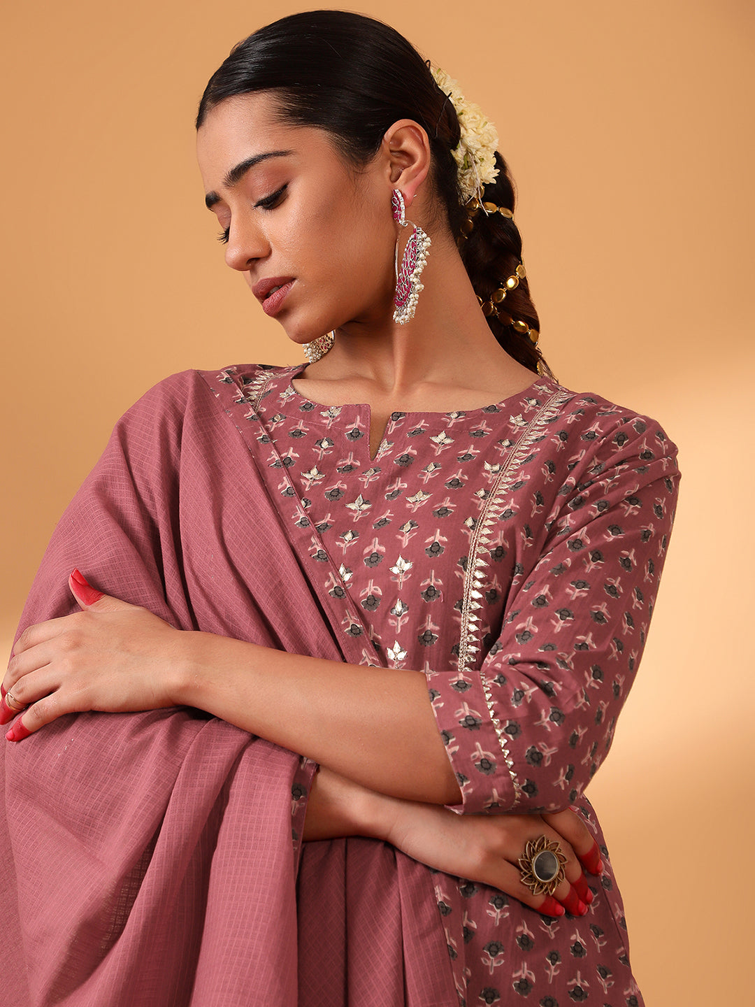 HERITAGE INDIA - MAROON HAND BLOCK PRINTED COTTON KURTA SET (WITH PANTS AND DUPATTA)