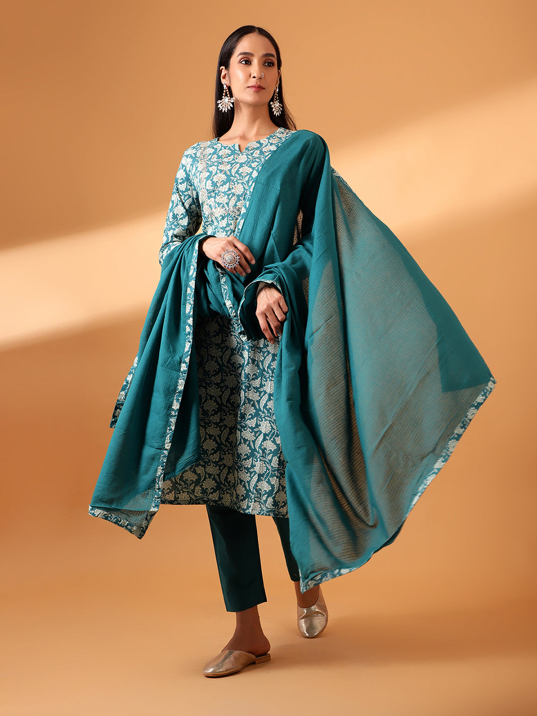 HERITAGE INDIA - TEAL HAND BLOCK PRINTED STRAIGHT FIT COTTON KURTA SET (WITH PANTS AND DUPATTA)