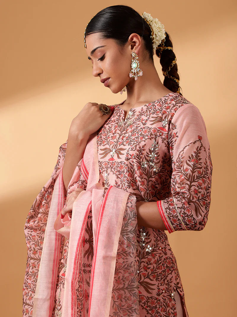 HERITAGE INDIA - PINK BLOCK PRINTED CHANDERI SUIT SET (WITH PANTS AND DUPATTA)