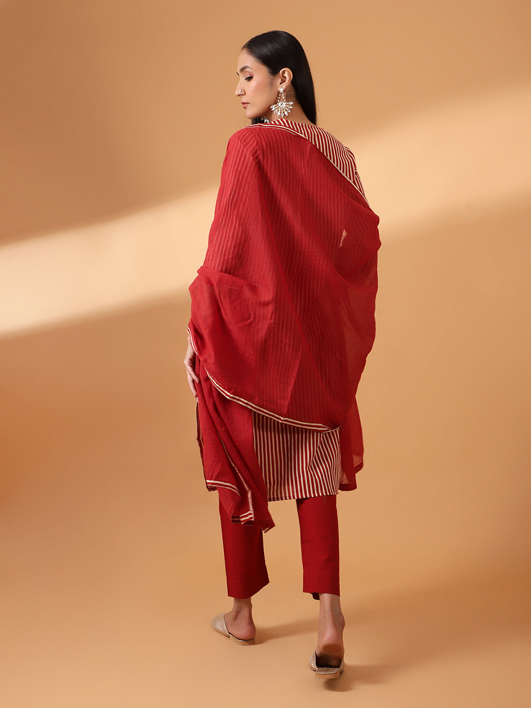 HERITAGE INDIA - MAROON DIGITAL STRIPED COTTON SUIT SET (WITH PANTS AND DUPATTA)