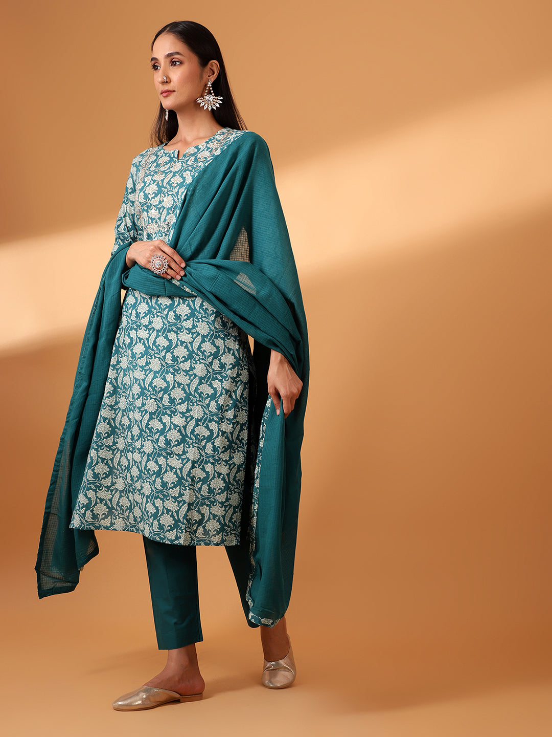 HERITAGE INDIA - TEAL HAND BLOCK PRINTED STRAIGHT FIT COTTON KURTA SET (WITH PANTS AND DUPATTA)