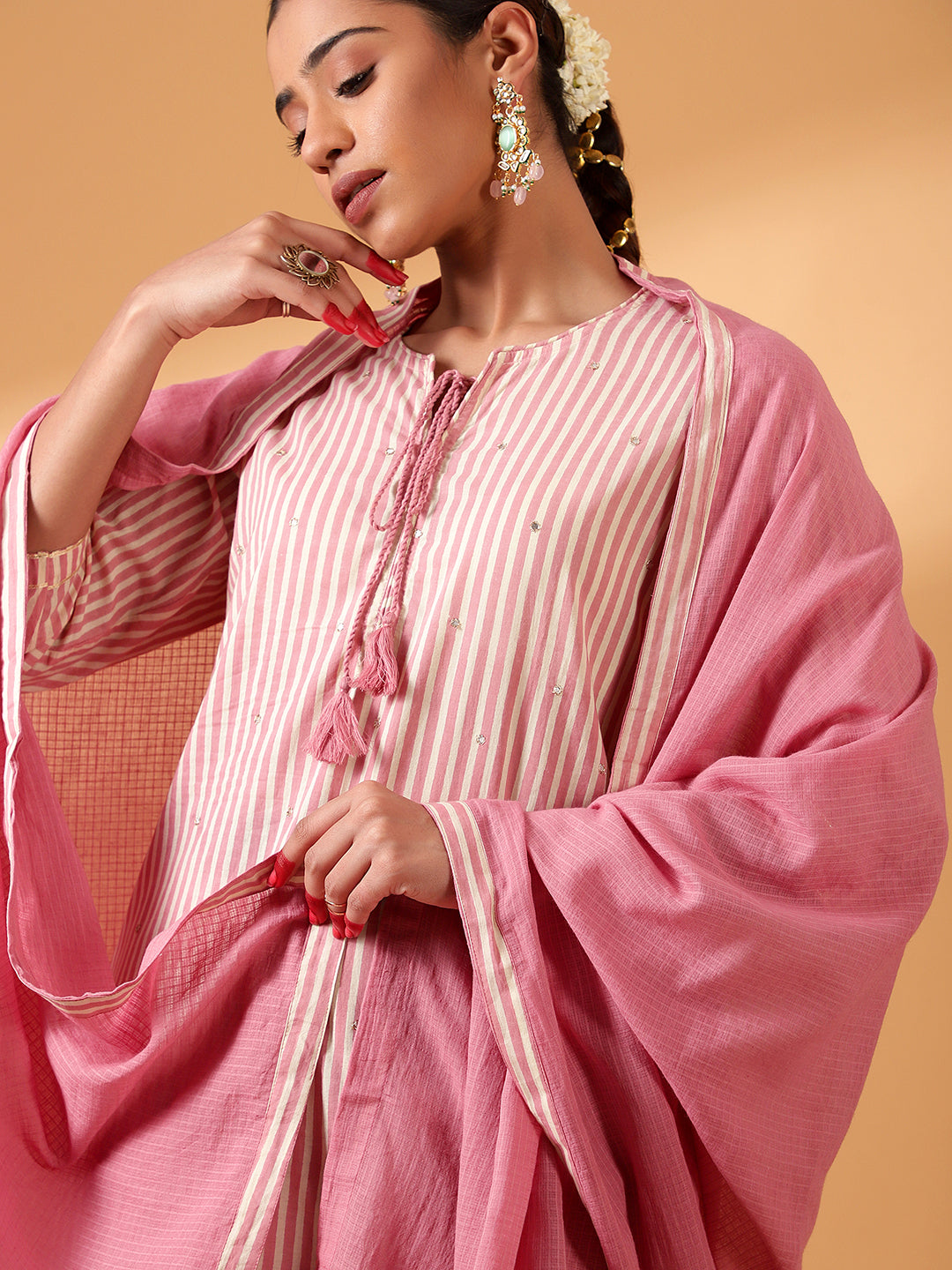 HERITAGE INDIA - PINK DIGITAL STRIPED COTTON SUIT SET (WITH PANTS AND DUPATTA)