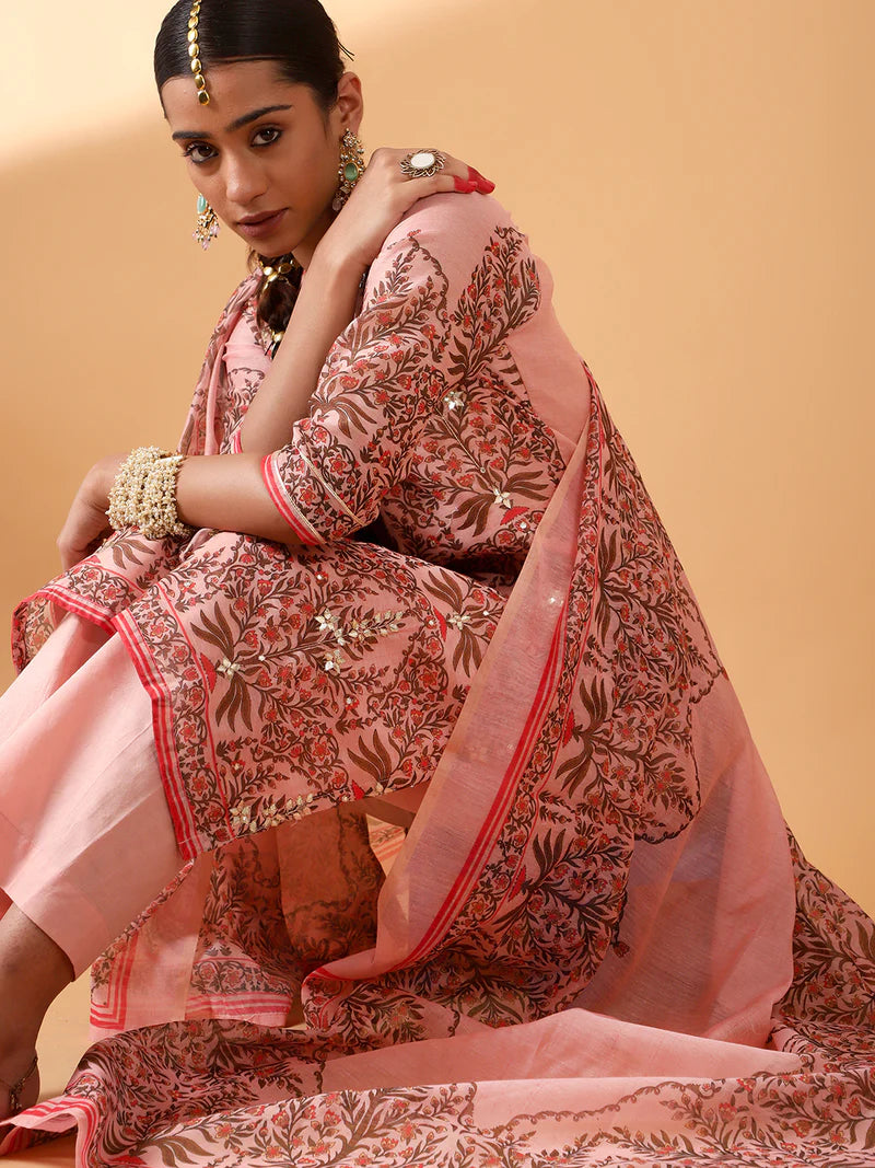 HERITAGE INDIA - PINK BLOCK PRINTED CHANDERI SUIT SET (WITH PANTS AND DUPATTA)