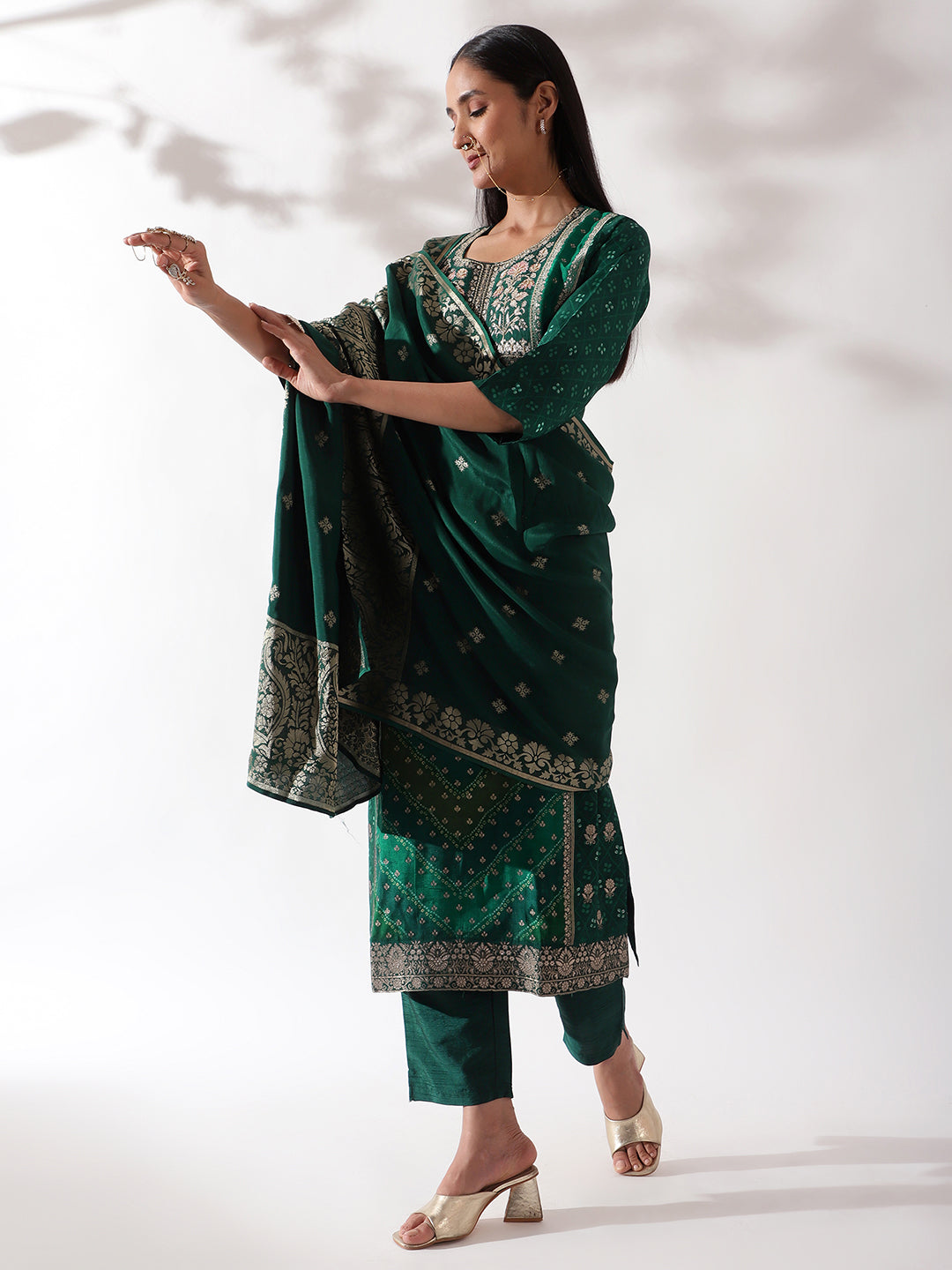 HERITAGE INDIA - GREEN DOLA JACQUARD SUIT SET (WITH PANTS AND DUPATTA)