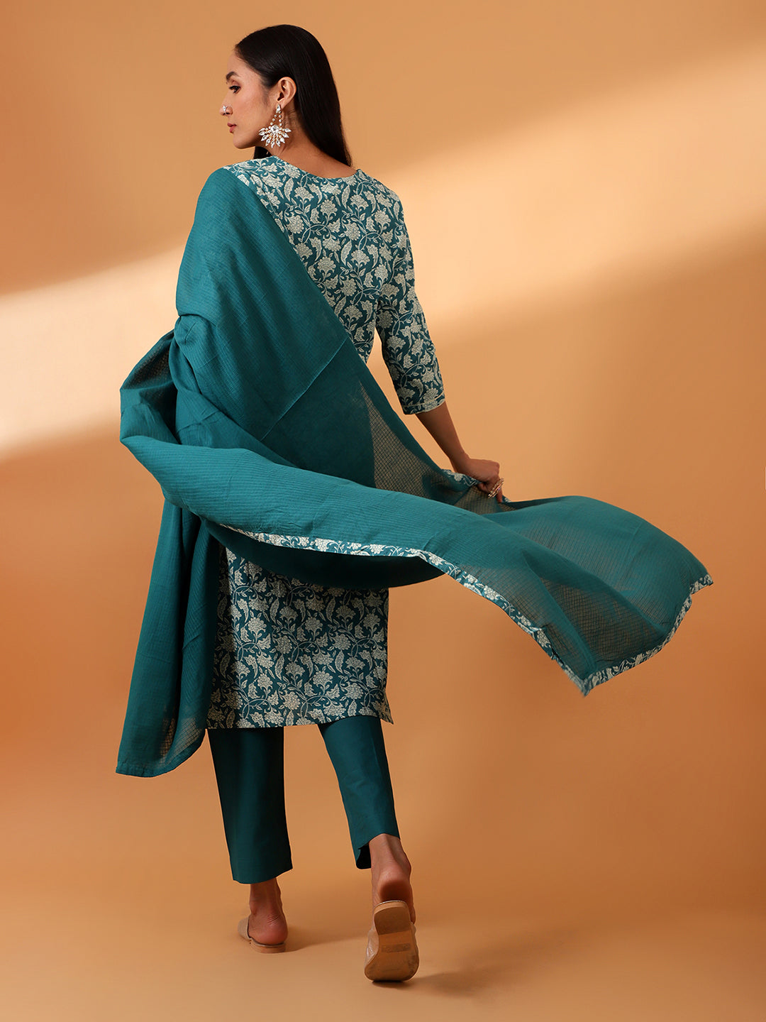 HERITAGE INDIA - TEAL HAND BLOCK PRINTED STRAIGHT FIT COTTON KURTA SET (WITH PANTS AND DUPATTA)