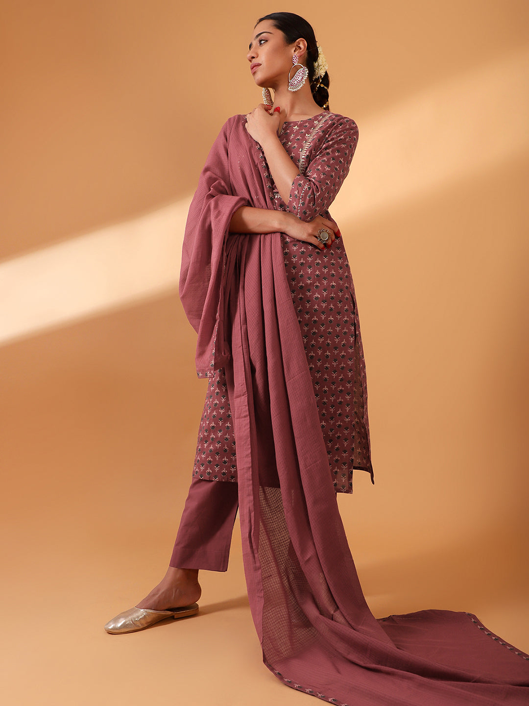 HERITAGE INDIA - MAROON HAND BLOCK PRINTED COTTON KURTA SET (WITH PANTS AND DUPATTA)