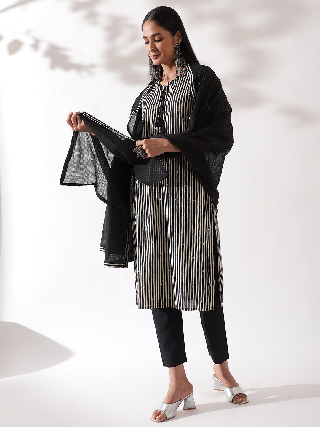 HERITAGE INDIA - BLACK DIGITAL STRIPED COTTON SUIT SET (WITH PANTS AND DUPATTA)