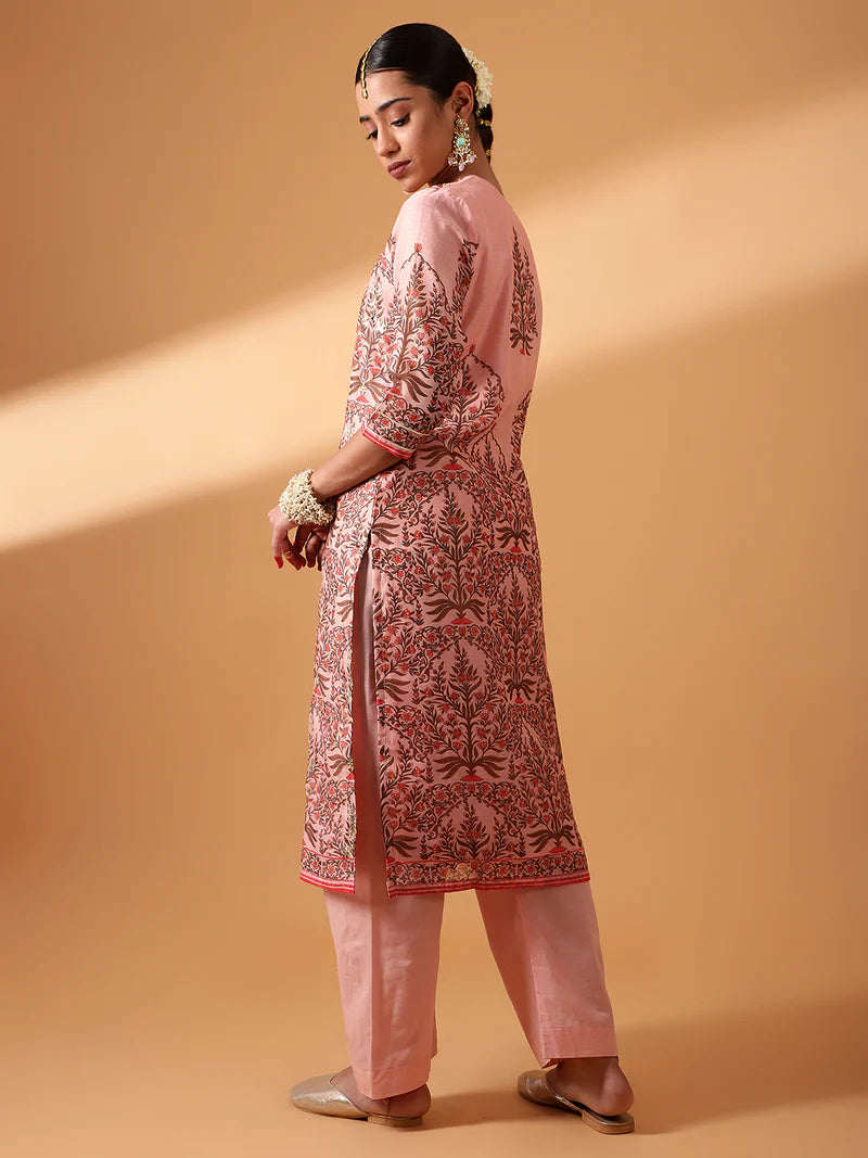 HERITAGE INDIA - PINK BLOCK PRINTED CHANDERI SUIT SET (WITH PANTS AND DUPATTA)