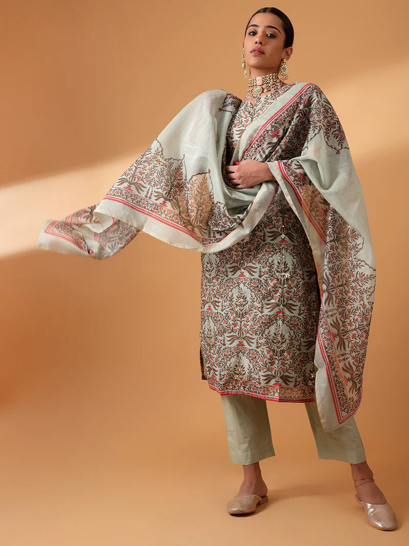 HERITAGE INDIA - MINT GREEN BLOCK PRINTED CHANDERI SUIT SET (WITH PANTS AND DUPATTA)