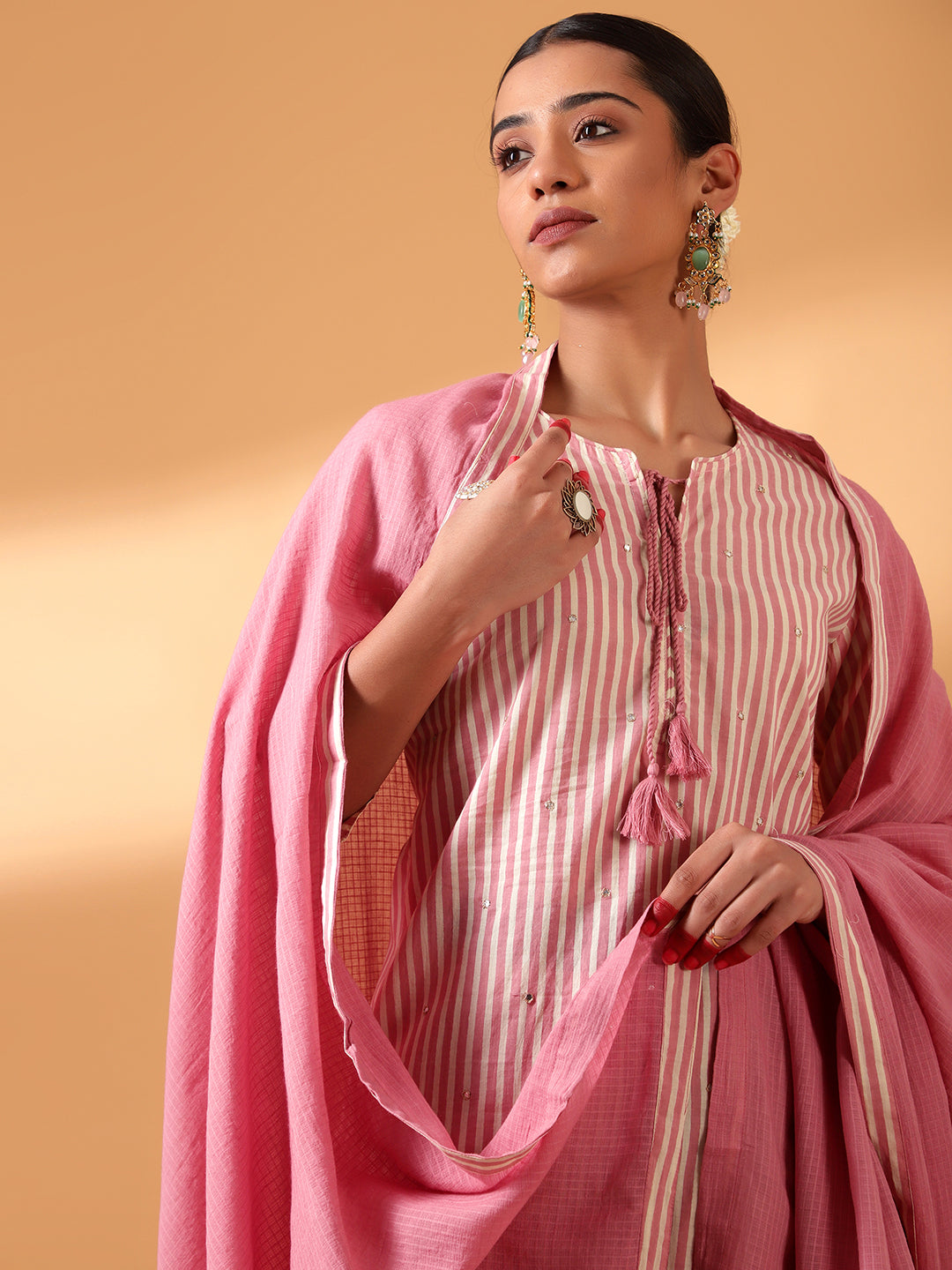 HERITAGE INDIA - PINK DIGITAL STRIPED COTTON SUIT SET (WITH PANTS AND DUPATTA)
