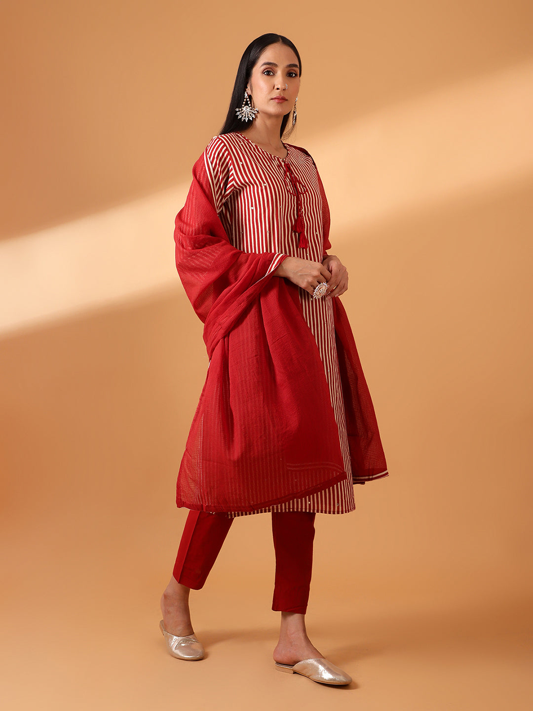 HERITAGE INDIA - MAROON DIGITAL STRIPED COTTON SUIT SET (WITH PANTS AND DUPATTA)