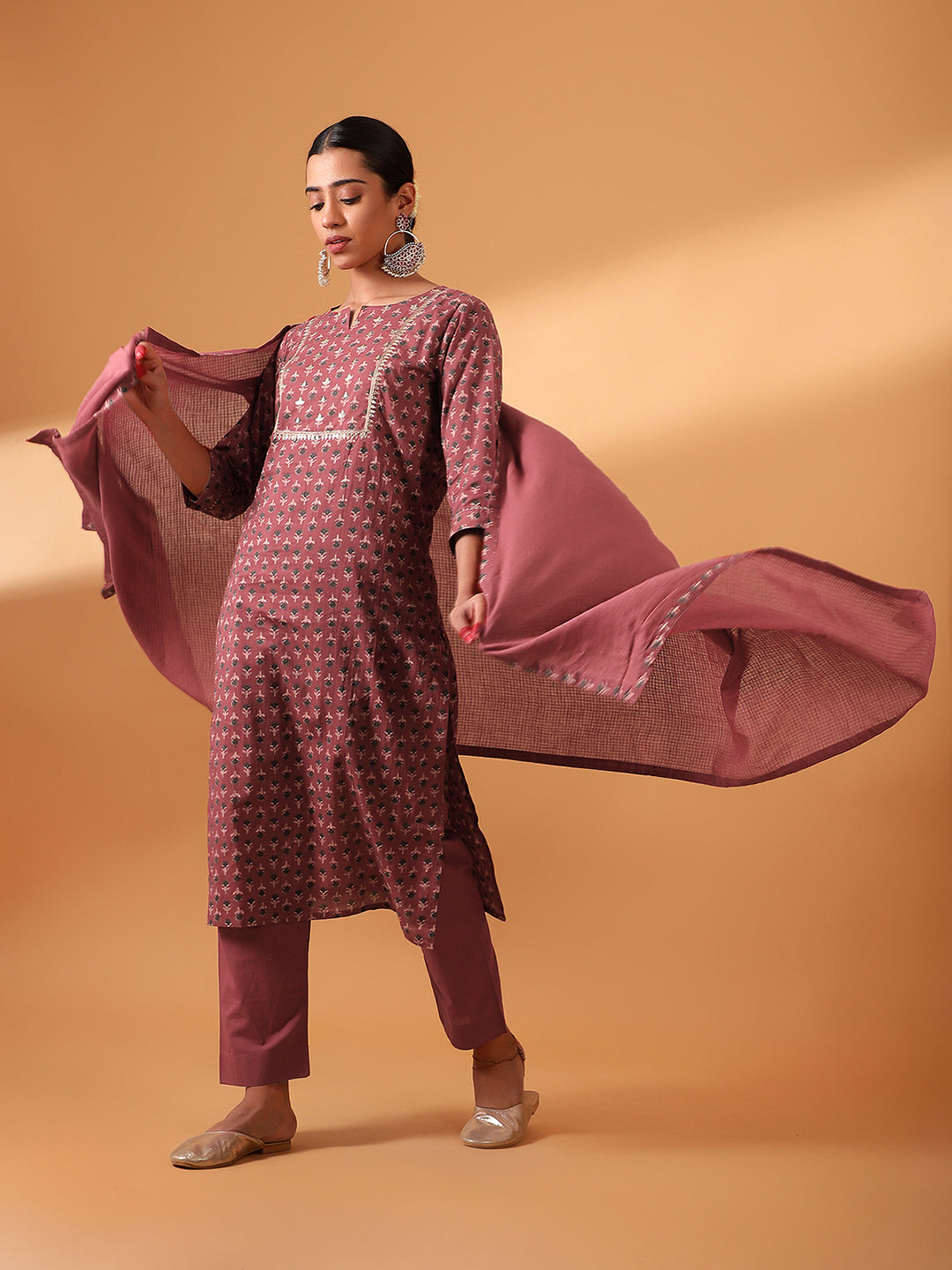 HERITAGE INDIA - MAROON HAND BLOCK PRINTED COTTON KURTA SET (WITH PANTS AND DUPATTA)