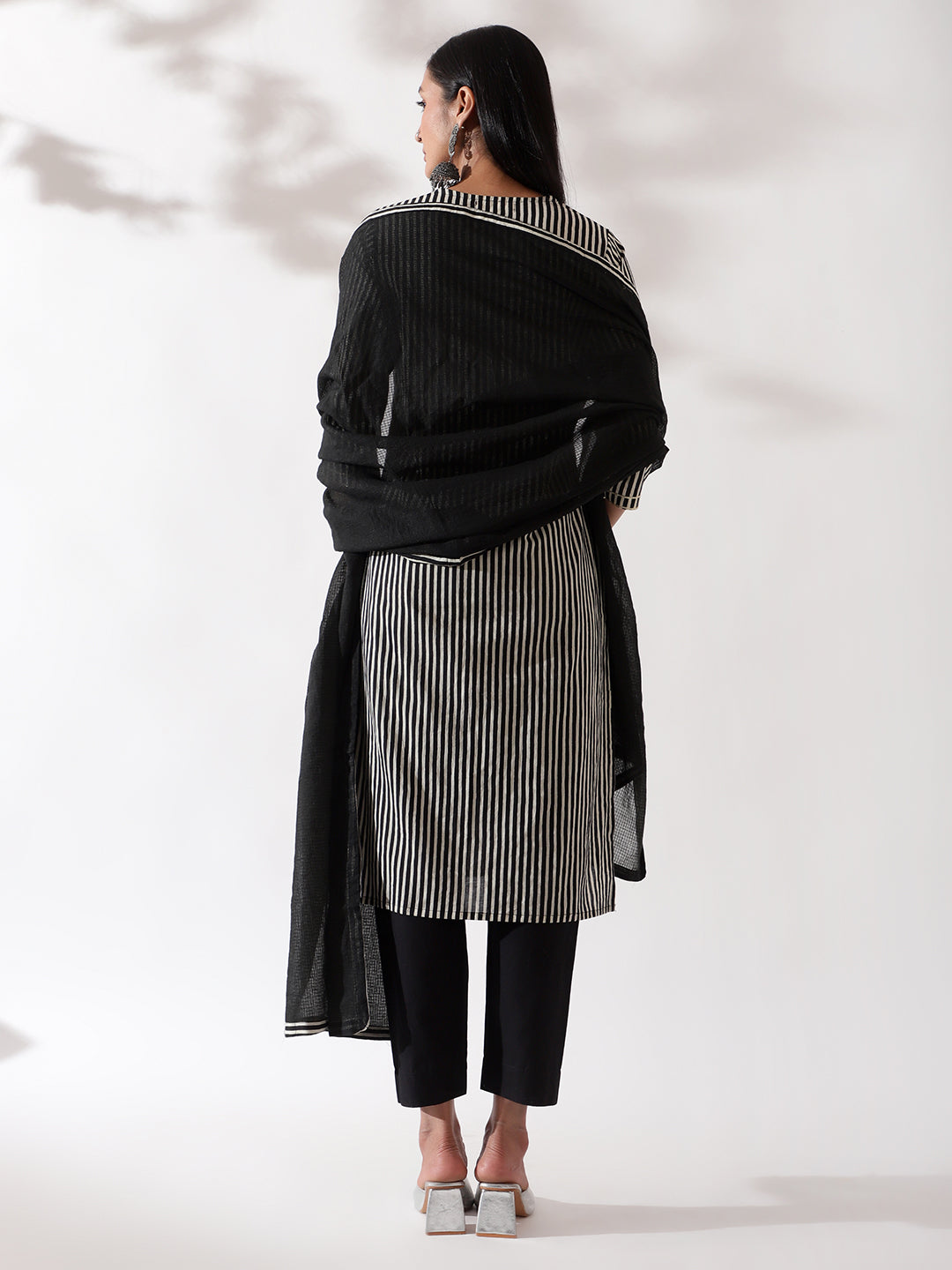 HERITAGE INDIA - BLACK DIGITAL STRIPED COTTON SUIT SET (WITH PANTS AND DUPATTA)