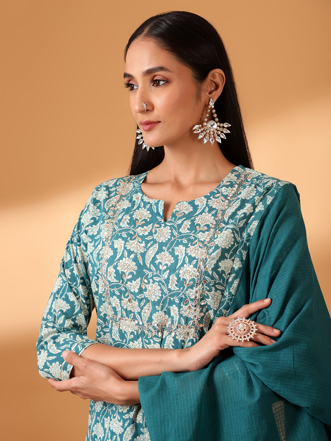 HERITAGE INDIA - TEAL HAND BLOCK PRINTED STRAIGHT FIT COTTON KURTA SET (WITH PANTS AND DUPATTA)