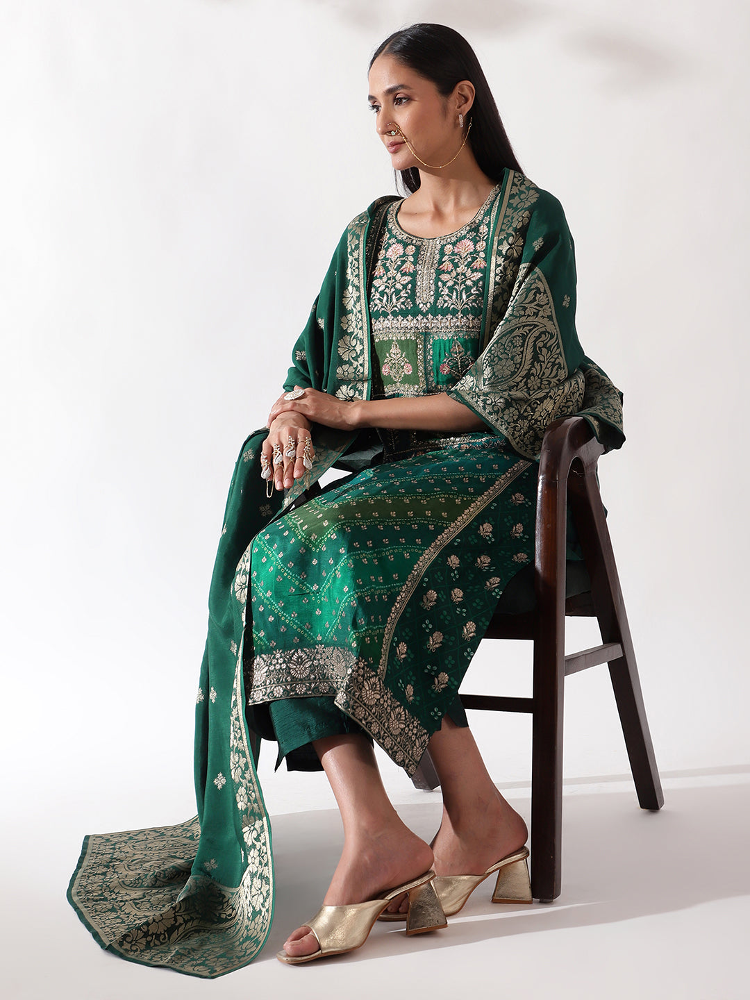 HERITAGE INDIA - GREEN DOLA JACQUARD SUIT SET (WITH PANTS AND DUPATTA)