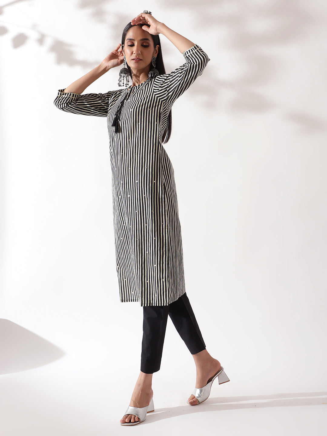 HERITAGE INDIA - BLACK DIGITAL STRIPED COTTON SUIT SET (WITH PANTS AND DUPATTA)