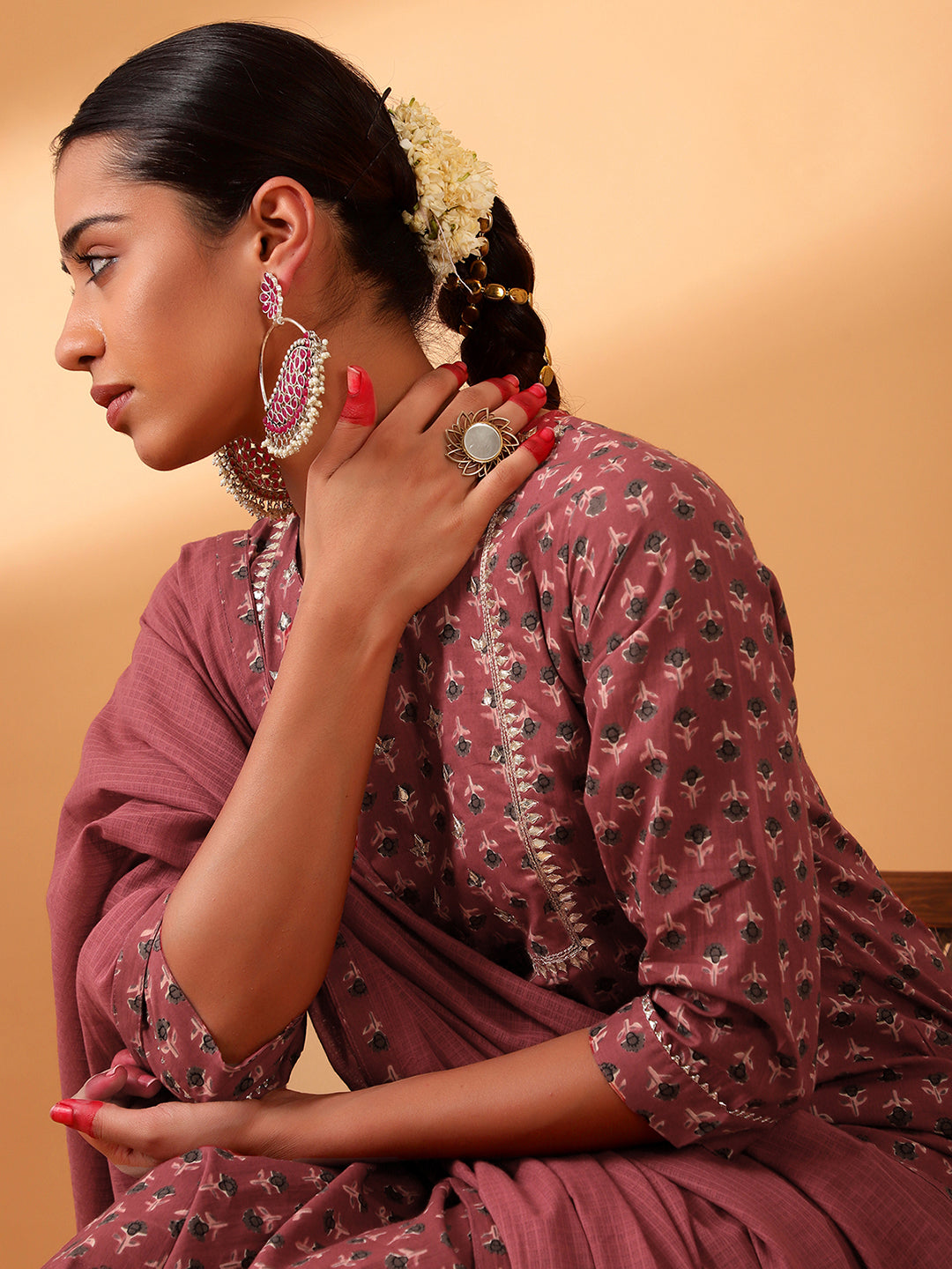 HERITAGE INDIA - MAROON HAND BLOCK PRINTED COTTON KURTA SET (WITH PANTS AND DUPATTA)