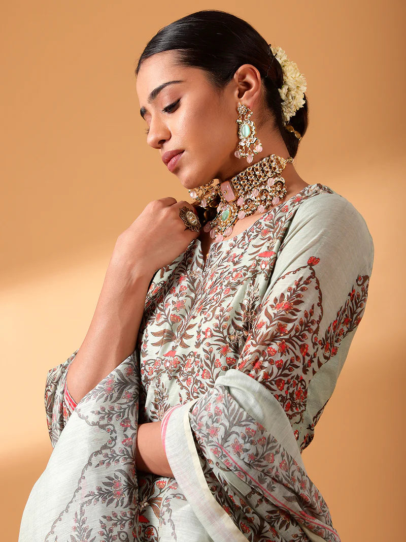 HERITAGE INDIA - MINT GREEN BLOCK PRINTED CHANDERI SUIT SET (WITH PANTS AND DUPATTA)