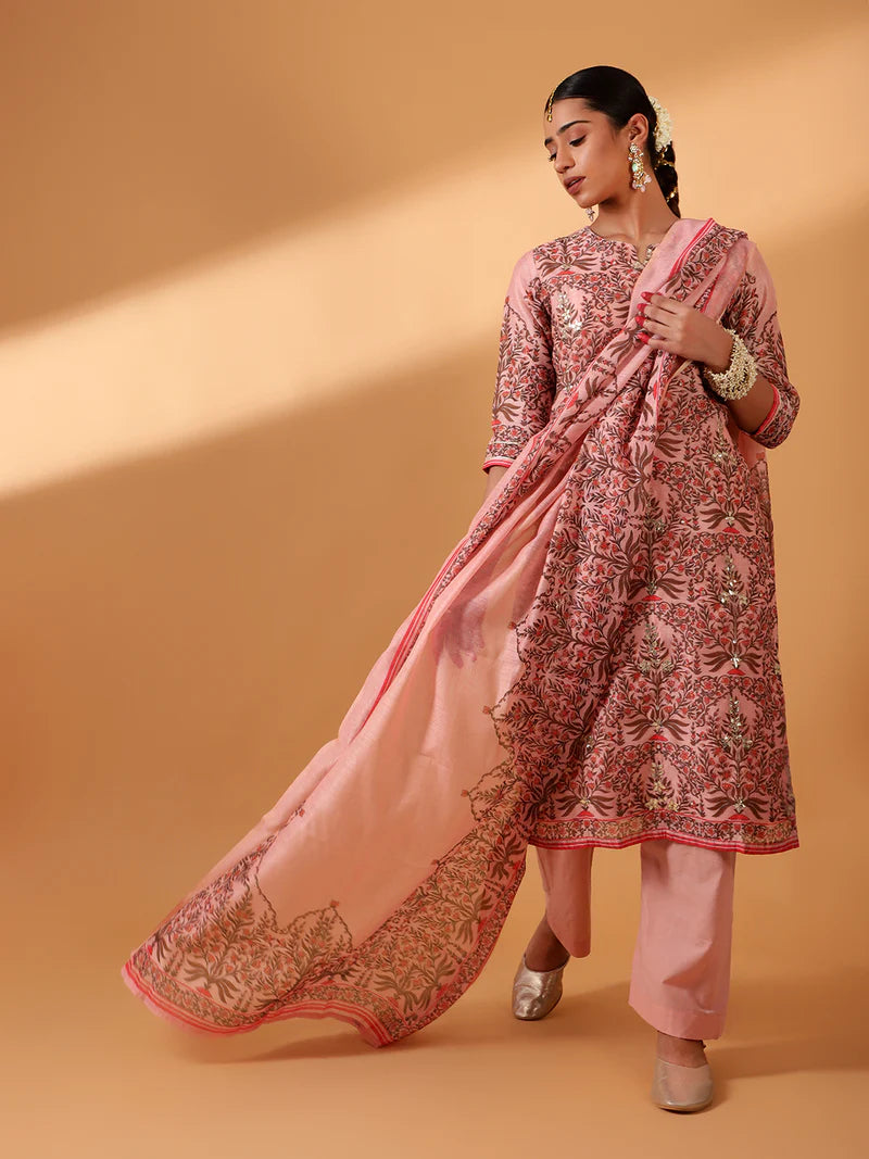 HERITAGE INDIA - PINK BLOCK PRINTED CHANDERI SUIT SET (WITH PANTS AND DUPATTA)