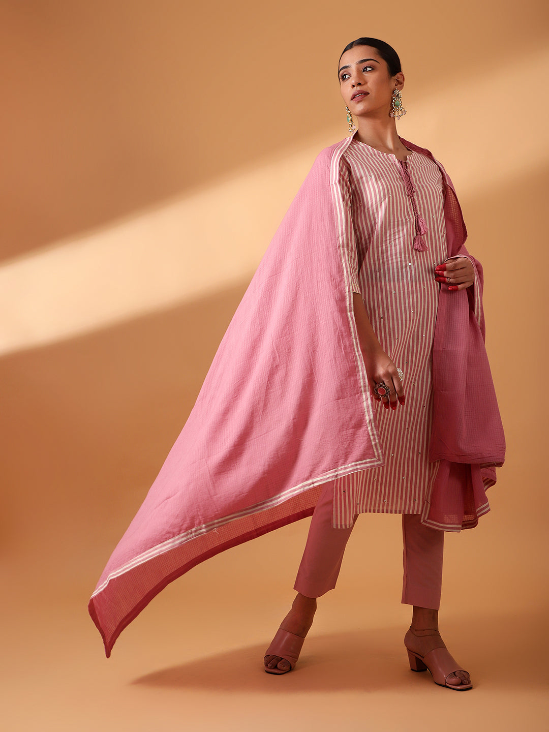 HERITAGE INDIA - PINK DIGITAL STRIPED COTTON SUIT SET (WITH PANTS AND DUPATTA)