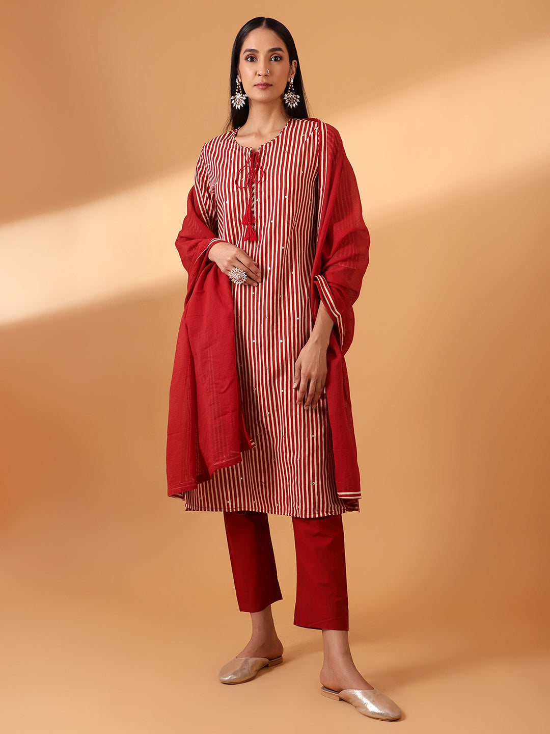 HERITAGE INDIA - MAROON DIGITAL STRIPED COTTON SUIT SET (WITH PANTS AND DUPATTA)