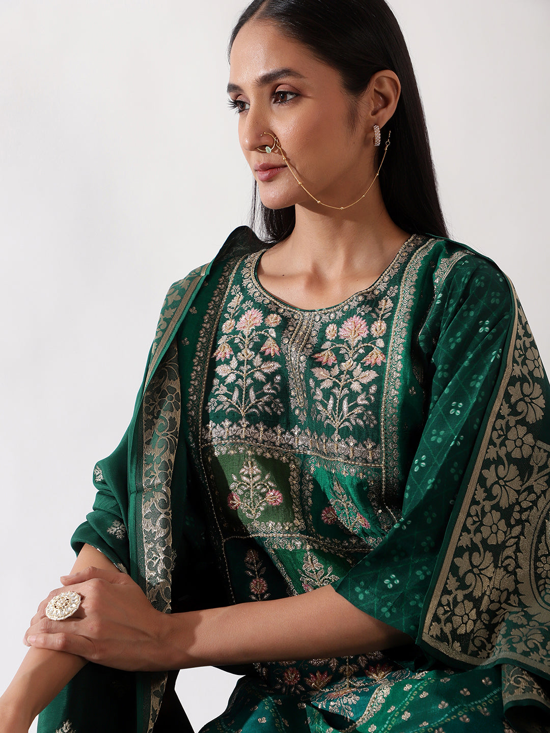 HERITAGE INDIA - GREEN DOLA JACQUARD SUIT SET (WITH PANTS AND DUPATTA)