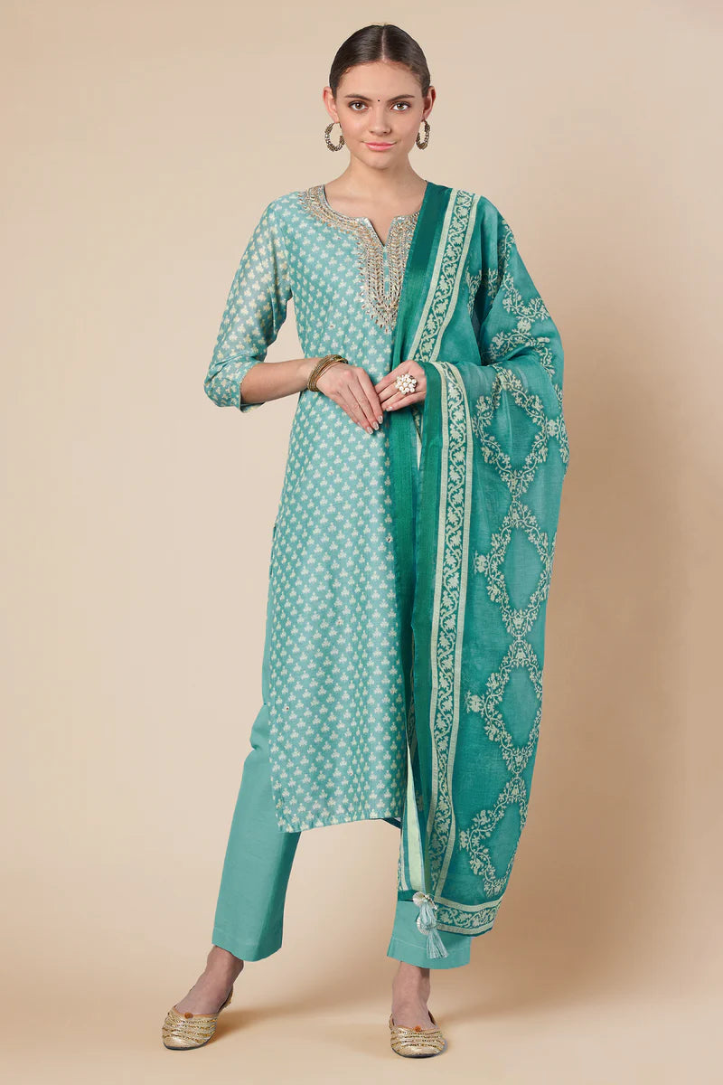 HERITAGE INDIA - SKY BLUE STRAIGHT FIT CHANDERI KURTA SET (WITH PANT AND DUPATTA)