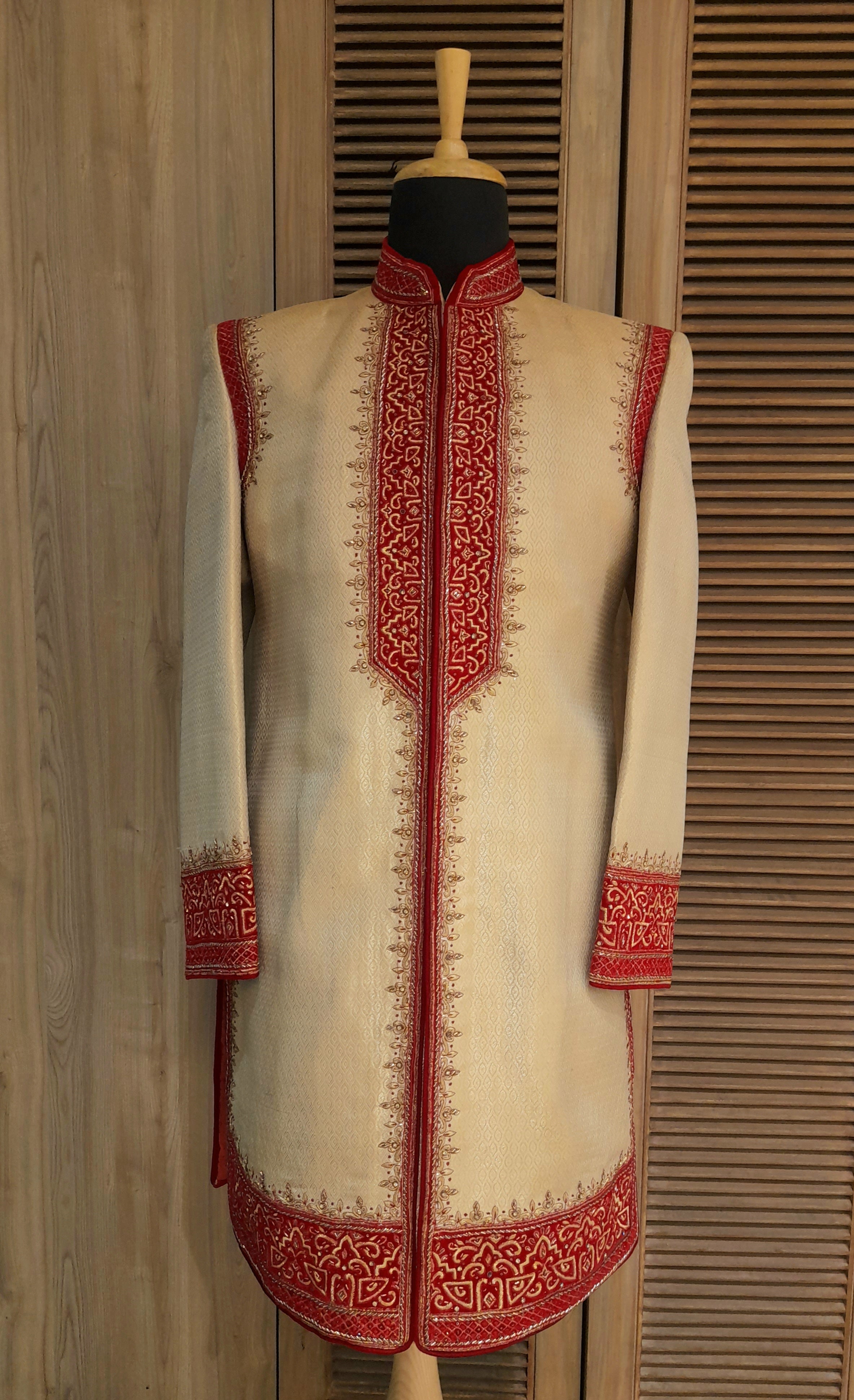 Gold And Maroon Wedding Wear Sherwani Set
