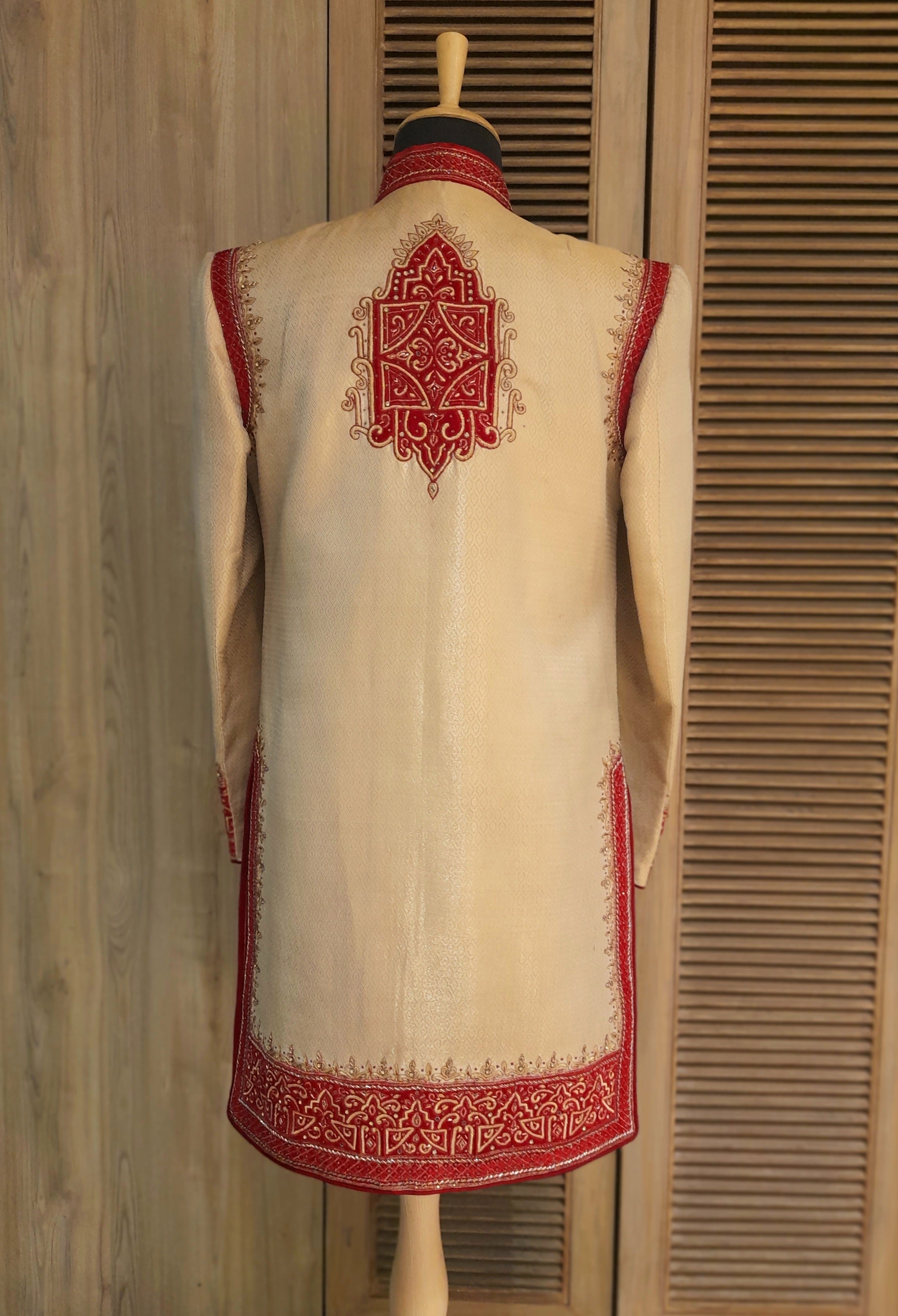Gold And Maroon Wedding Wear Sherwani Set