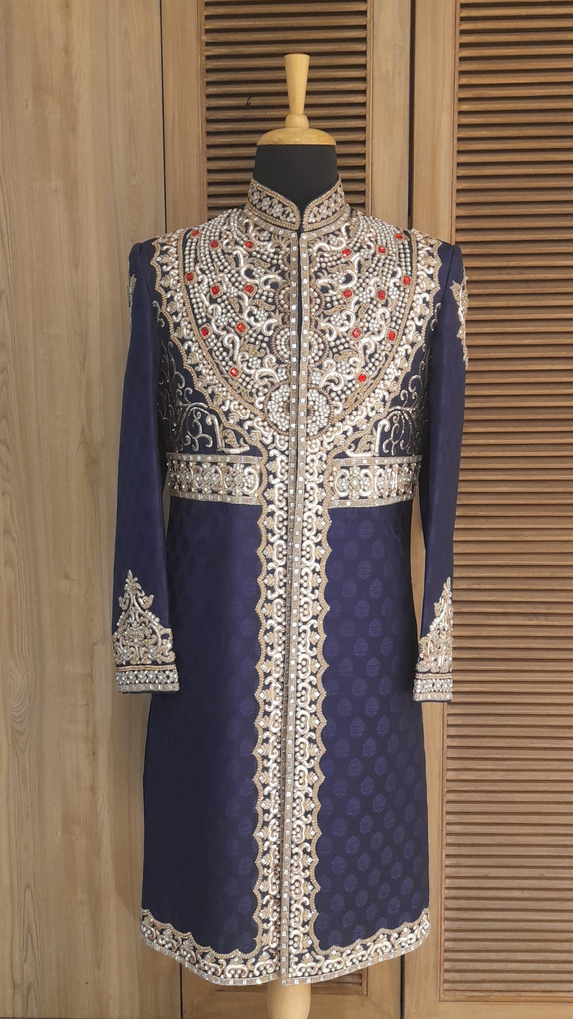 Blue Jamawar Silk Embroidered Sherwani
