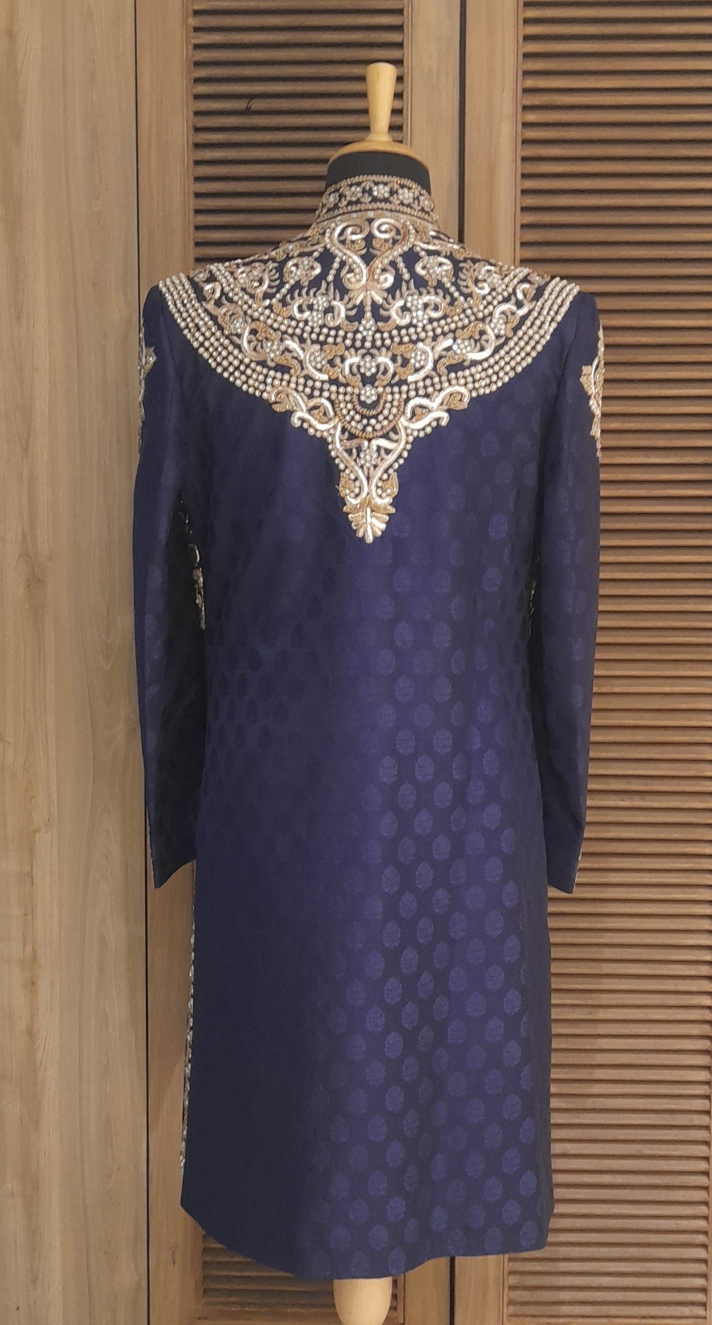 Blue Jamawar Silk Embroidered Sherwani