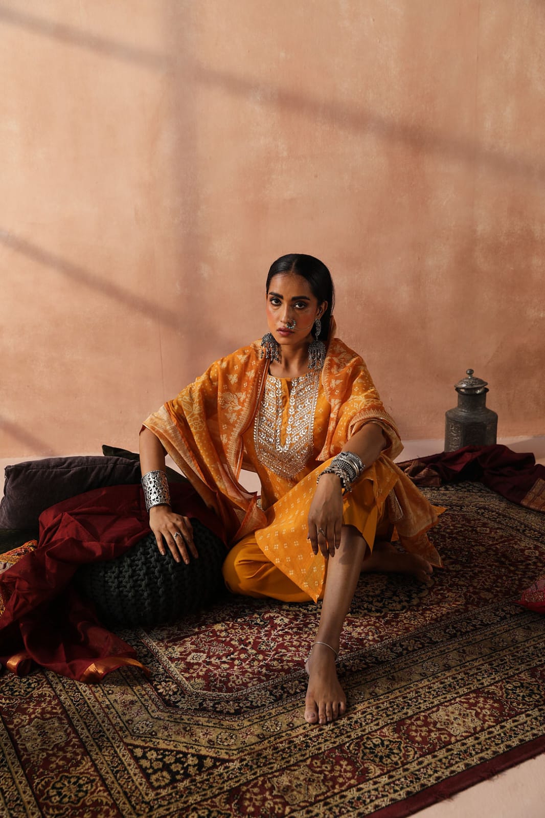 HERITAGE INDIA - YELLOW CHANDERI SUIT SET (WITH PANTS & DUPATTA)