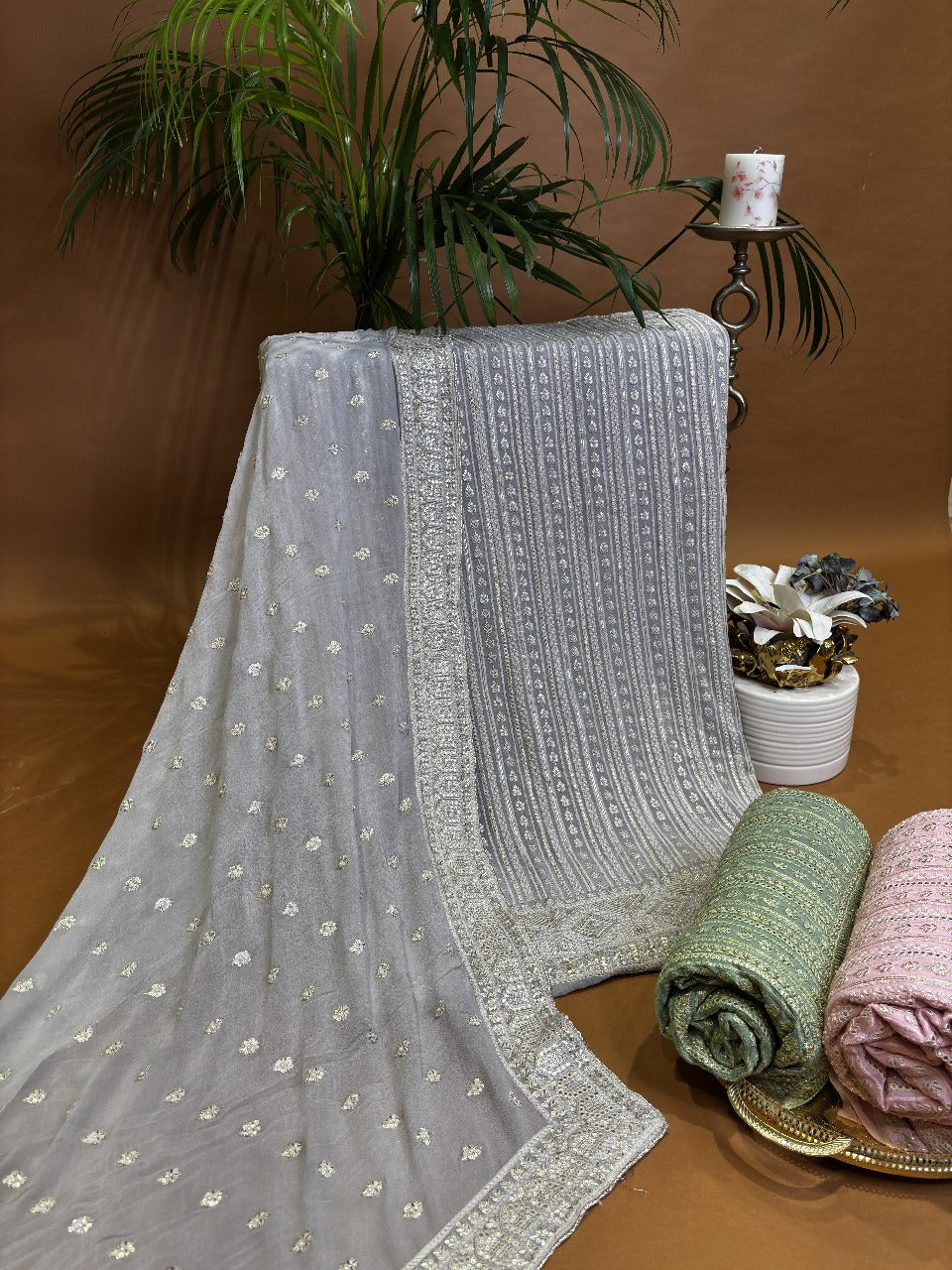 Grey Fabric Lakhnavi suit with gold sequin embroidery