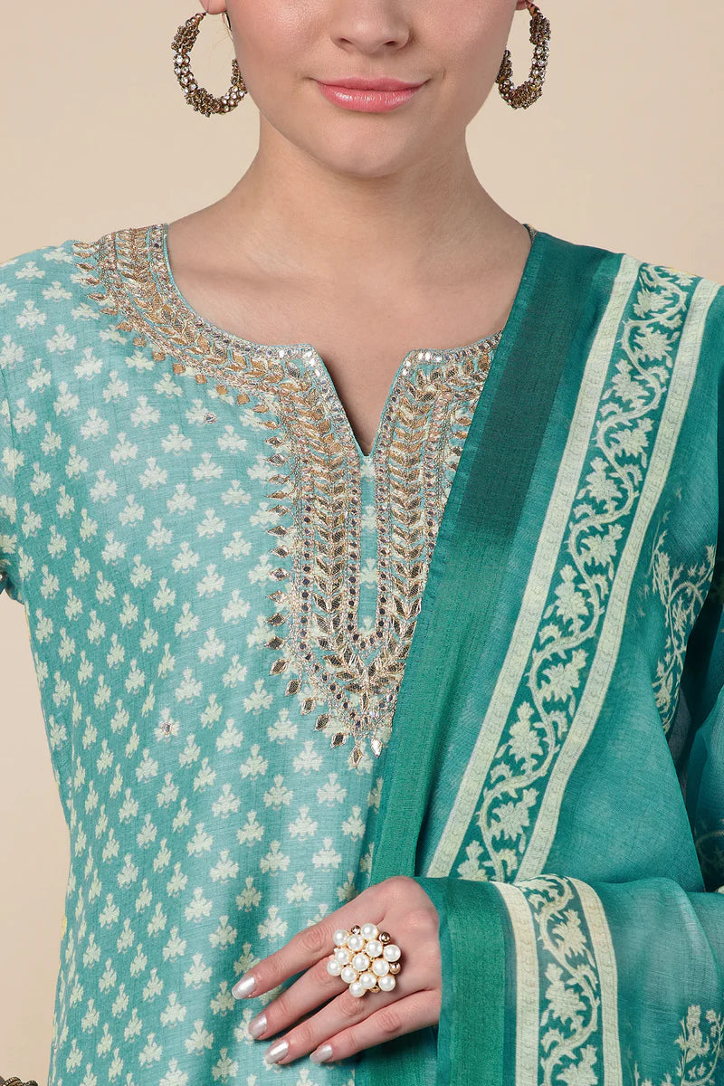 HERITAGE INDIA - SKY BLUE STRAIGHT FIT CHANDERI KURTA SET (WITH PANT AND DUPATTA)