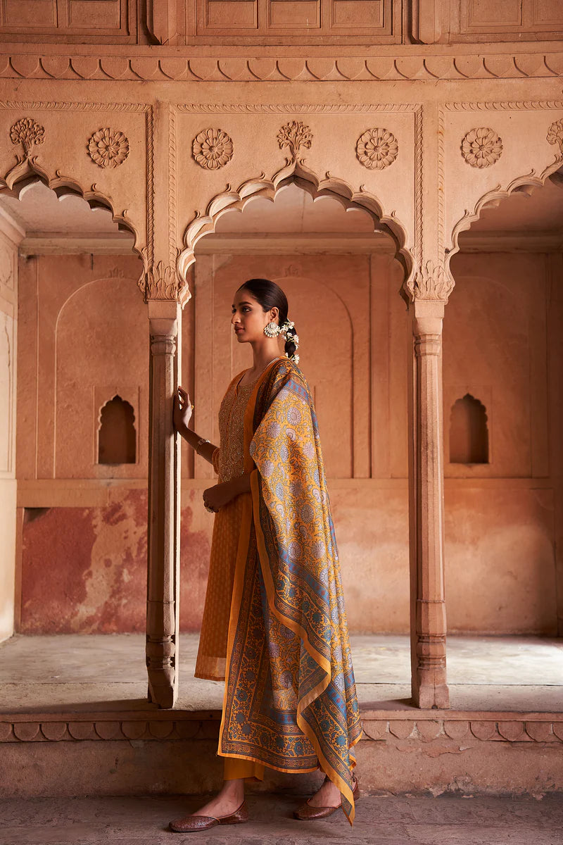 HERITAGE INDIA - MUSTARD BLOCK PRINTED CHANDERI KURTA SET (WITH PANTS AND DUPATTA)