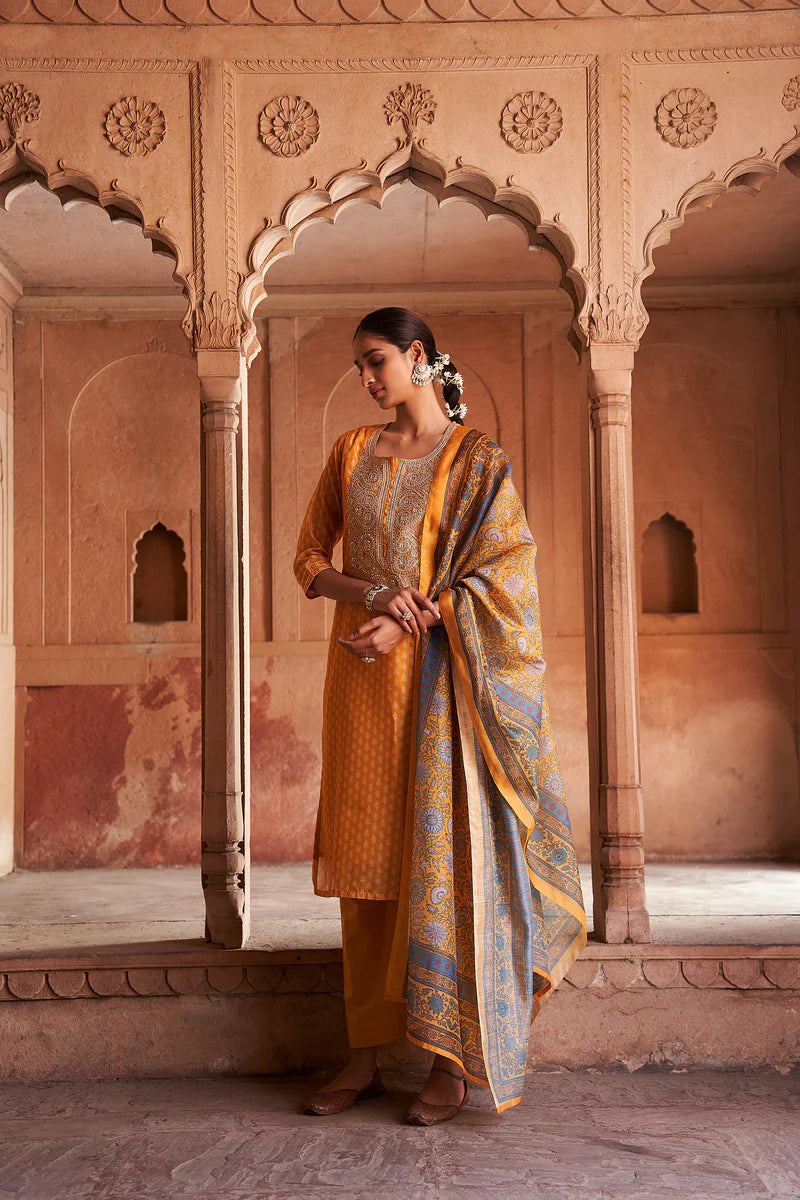 HERITAGE INDIA - MUSTARD BLOCK PRINTED CHANDERI KURTA SET (WITH PANTS AND DUPATTA)