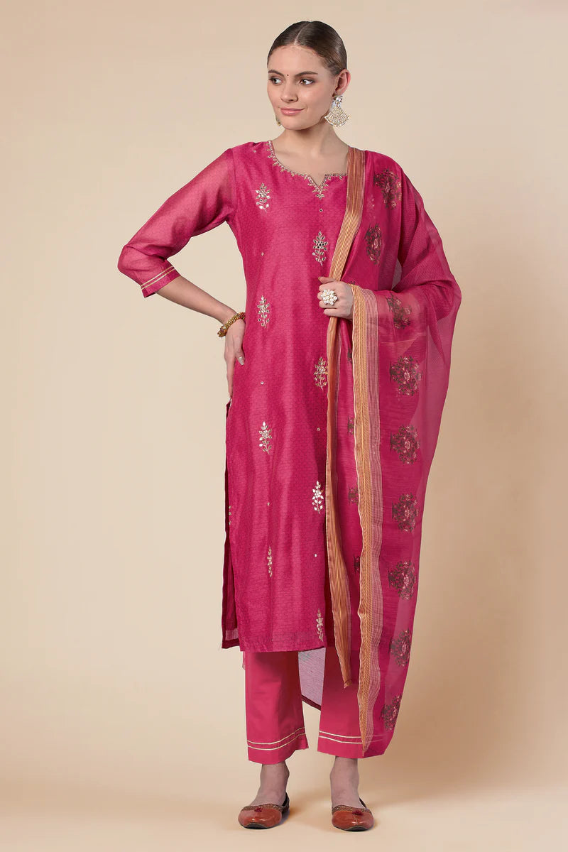 HERITAGE INDIA - DARK PINK STRAIGHT FIT CHANDERI KURTA SET (WITH PANT AND DUPATTA)