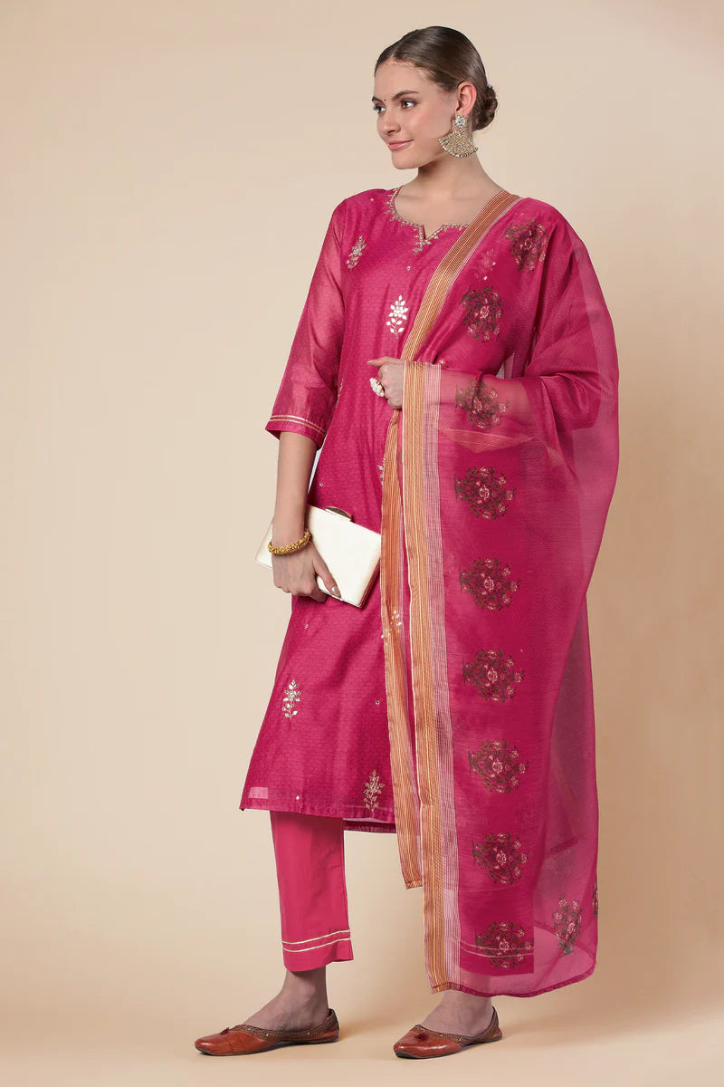 HERITAGE INDIA - DARK PINK STRAIGHT FIT CHANDERI KURTA SET (WITH PANT AND DUPATTA)