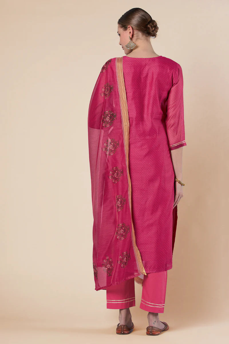 HERITAGE INDIA - DARK PINK STRAIGHT FIT CHANDERI KURTA SET (WITH PANT AND DUPATTA)