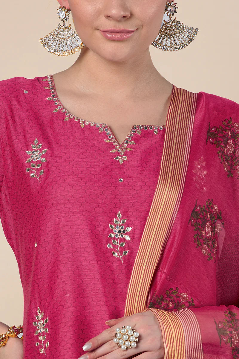 HERITAGE INDIA - DARK PINK STRAIGHT FIT CHANDERI KURTA SET (WITH PANT AND DUPATTA)