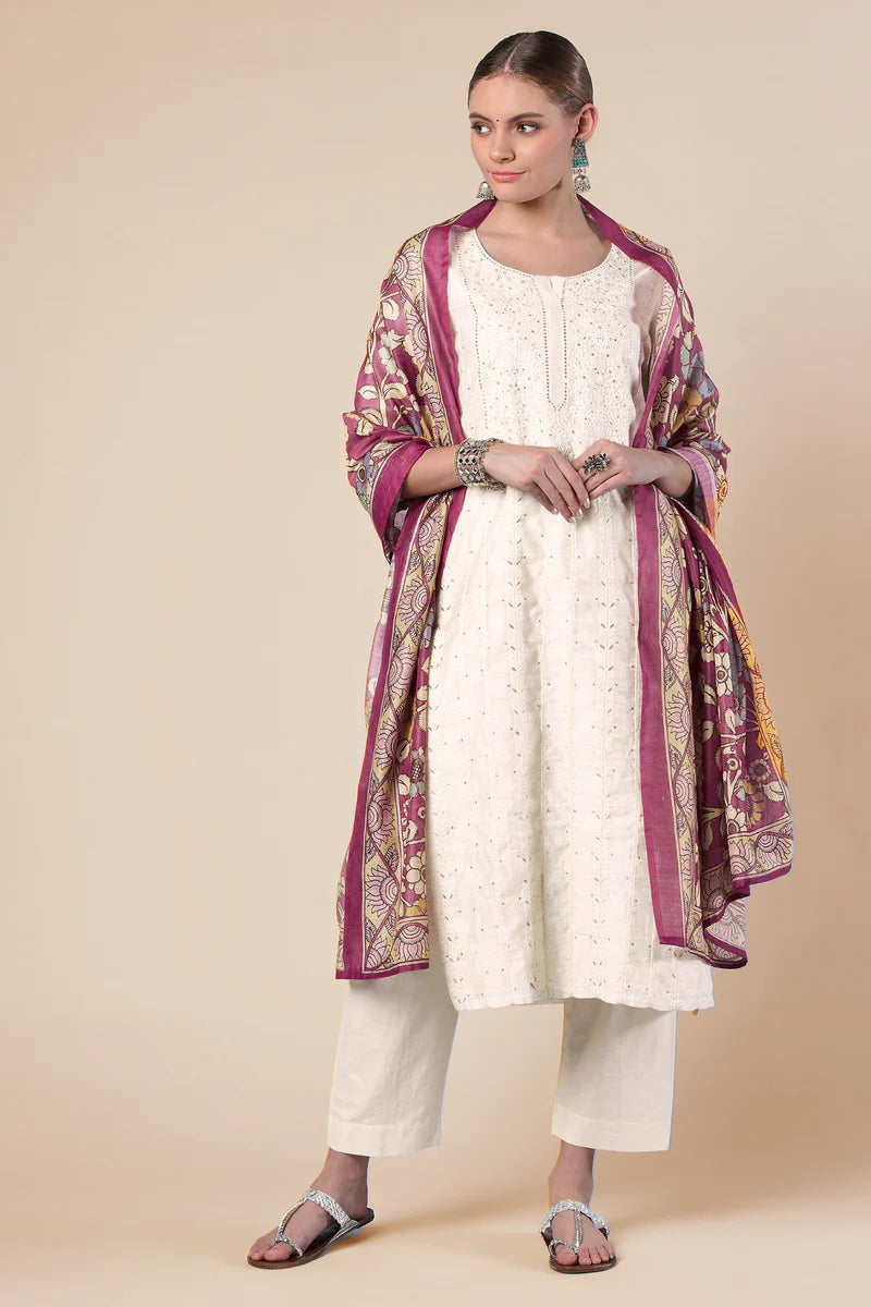 HERITAGE INDIA - OFF WHITE STRAIGHT FIT CHANDERI KURTA SET (WITH PANT AND DUPATTA)