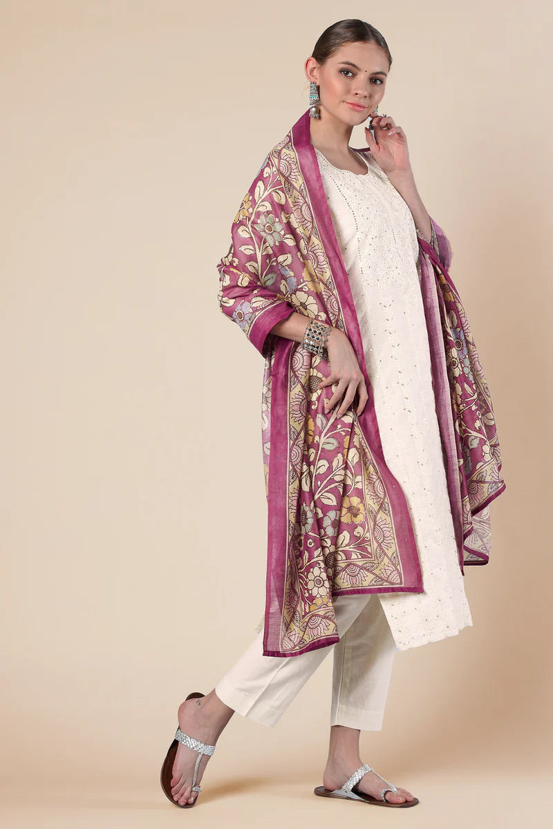 HERITAGE INDIA - OFF WHITE STRAIGHT FIT CHANDERI KURTA SET (WITH PANT AND DUPATTA)