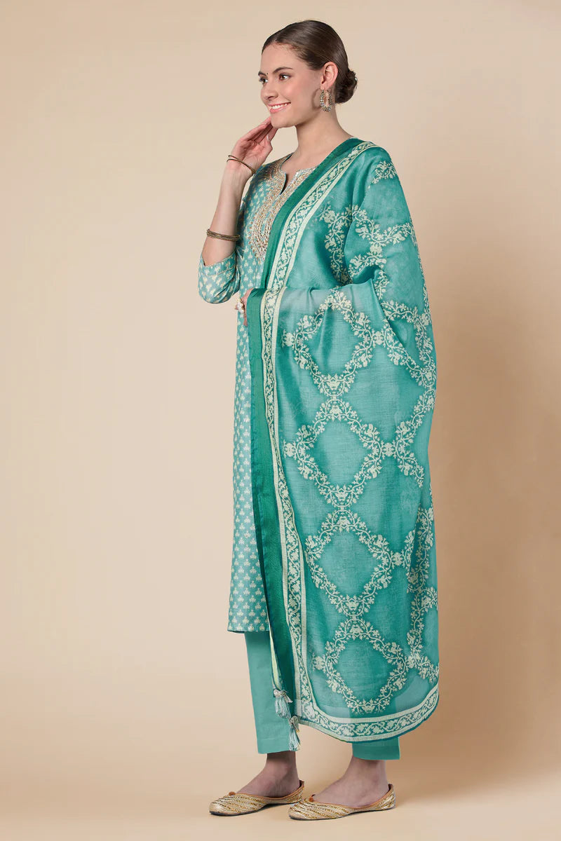 HERITAGE INDIA - SKY BLUE STRAIGHT FIT CHANDERI KURTA SET (WITH PANT AND DUPATTA)