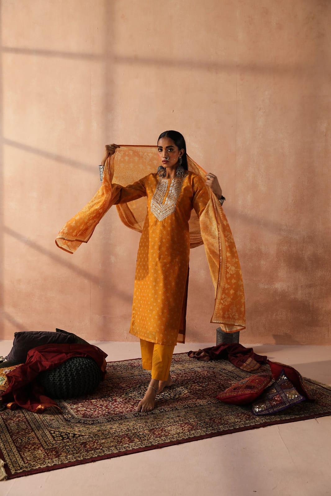 HERITAGE INDIA - YELLOW CHANDERI SUIT SET (WITH PANTS & DUPATTA)