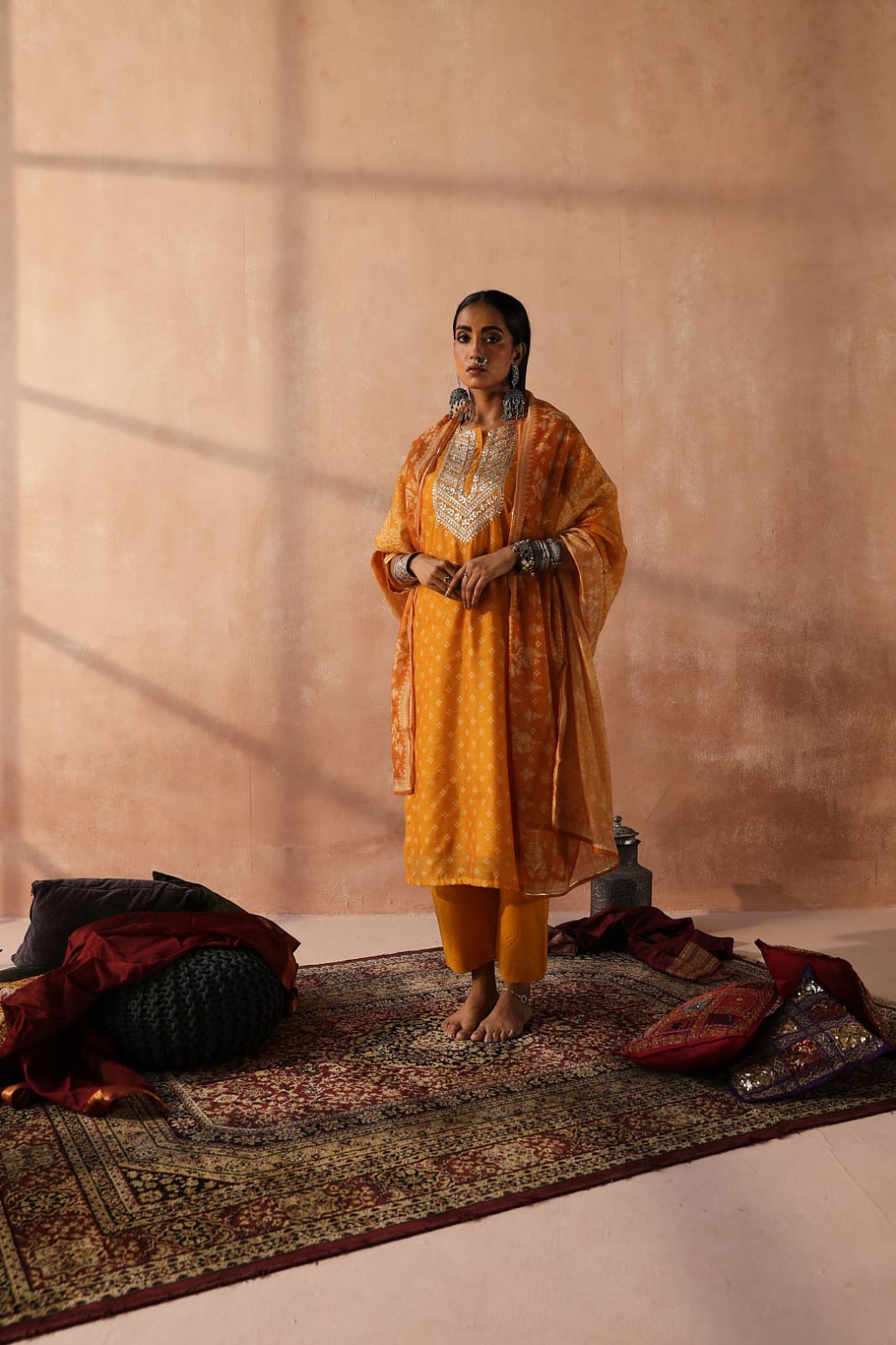 HERITAGE INDIA - YELLOW CHANDERI SUIT SET (WITH PANTS & DUPATTA)