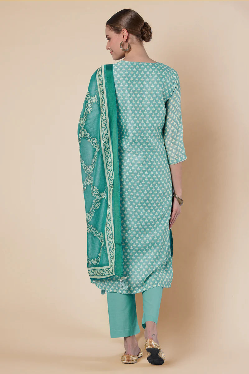 HERITAGE INDIA - SKY BLUE STRAIGHT FIT CHANDERI KURTA SET (WITH PANT AND DUPATTA)