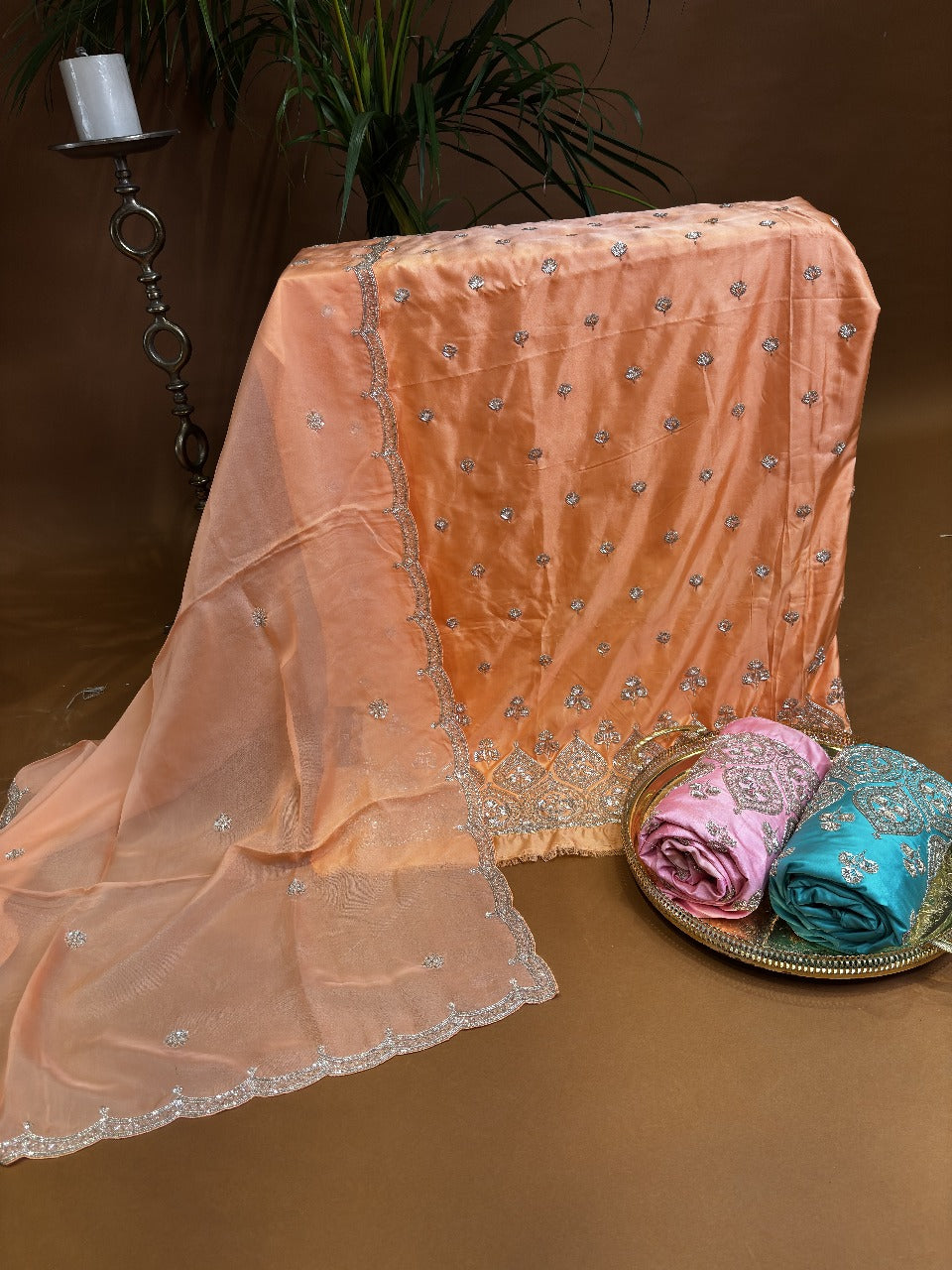 Orange silk suit with handmade works