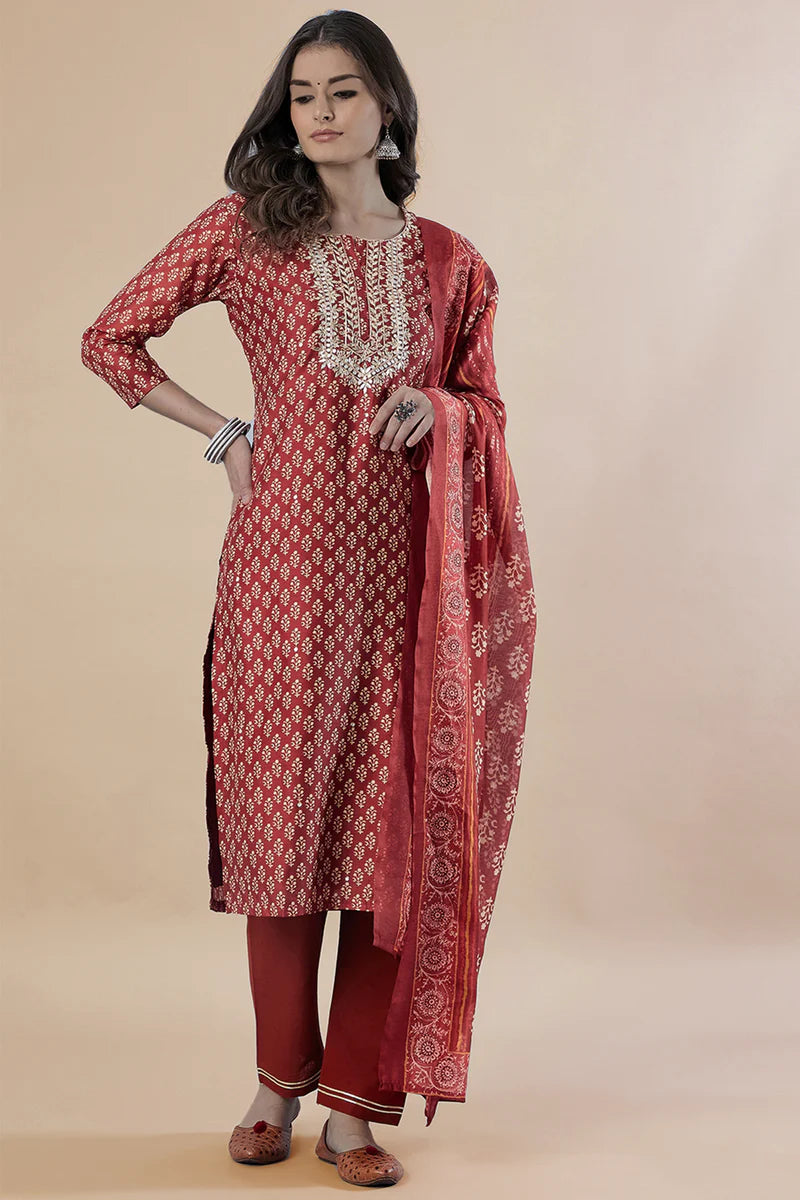 HERITAGE INDIA - MAROON STRAIGHT FIT CHANDERI KURTA SET (WITH PANT AND DUPATTA)