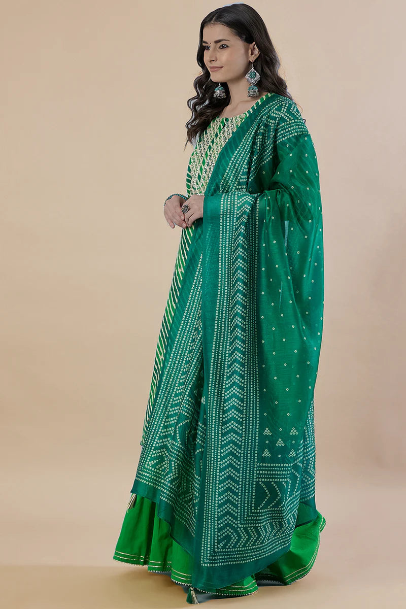 HERITAGE INDIA - GREEN STRAIGHT FIT CHANDERI KURTA SET (WITH SHARARA AND DUPATTA)