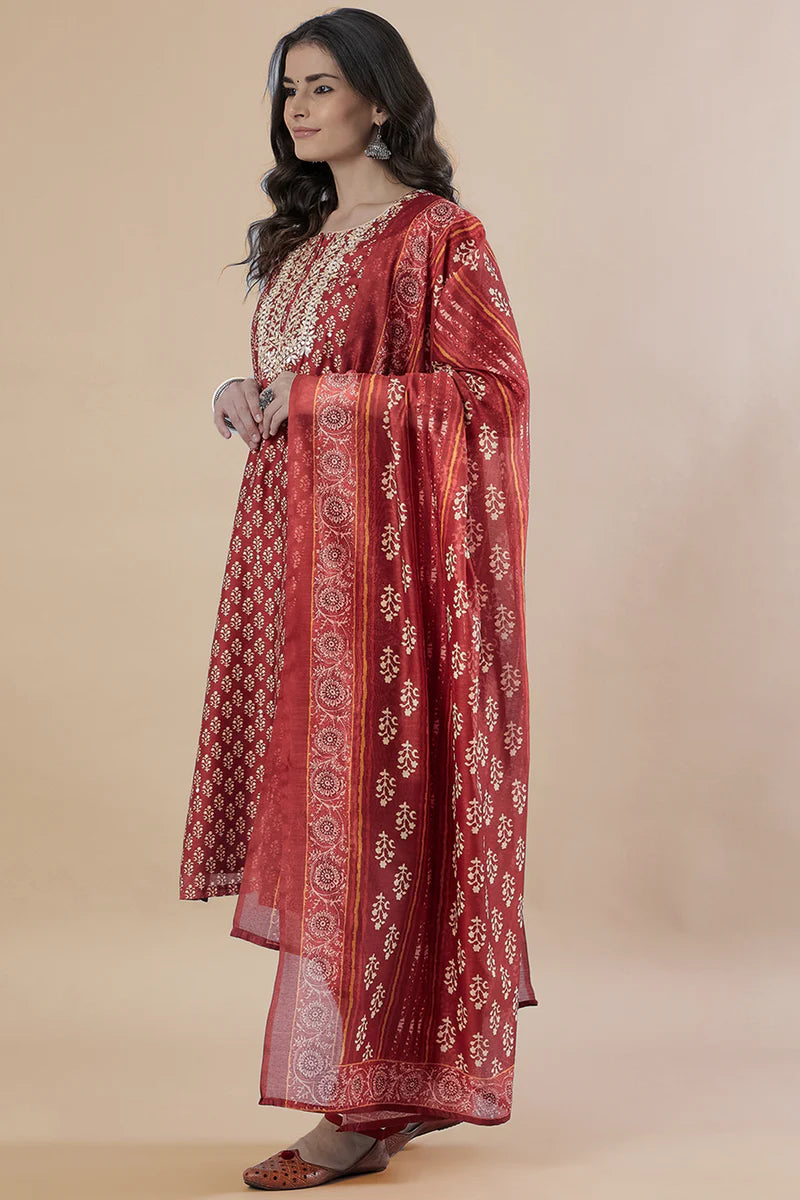 HERITAGE INDIA - MAROON STRAIGHT FIT CHANDERI KURTA SET (WITH PANT AND DUPATTA)